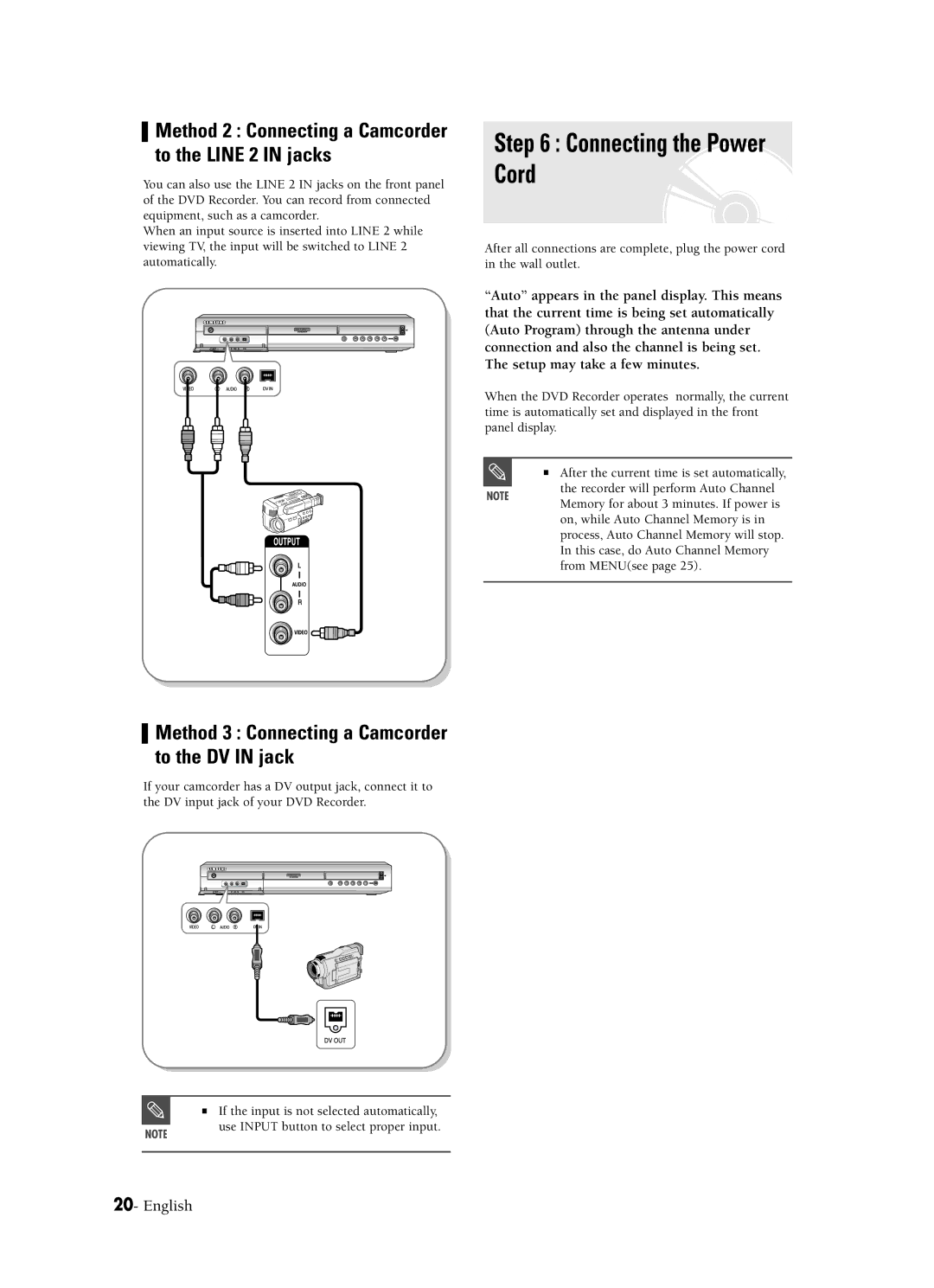 Samsung DVD-R120 instruction manual Connecting the Power Cord, Method 3 Connecting a Camcorder to the DV in jack 