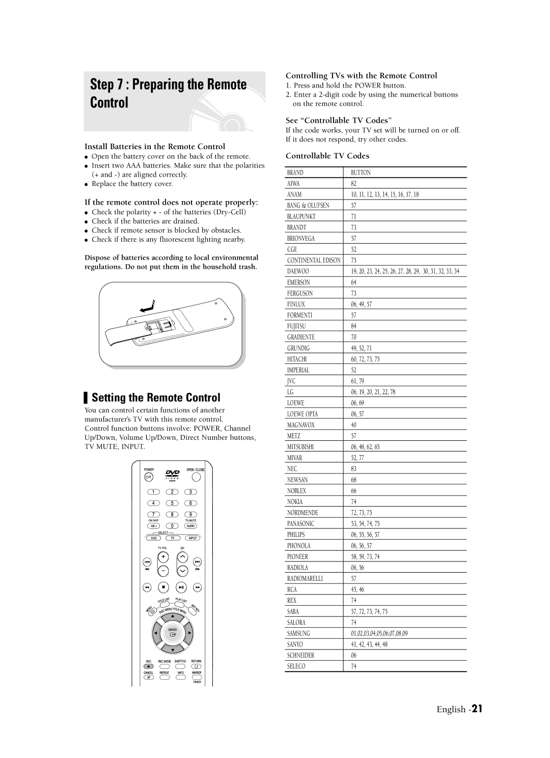 Samsung DVD-R120 instruction manual Preparing the Remote Control, Setting the Remote Control 