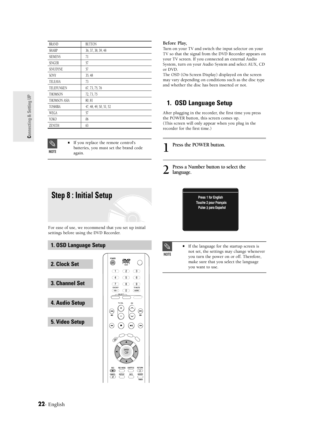 Samsung DVD-R120 instruction manual Initial Setup, OSD Language Setup, Before Play 