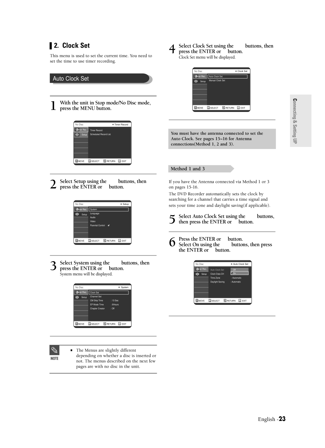 Samsung DVD-R120 instruction manual Auto Clock Set, Method 1 