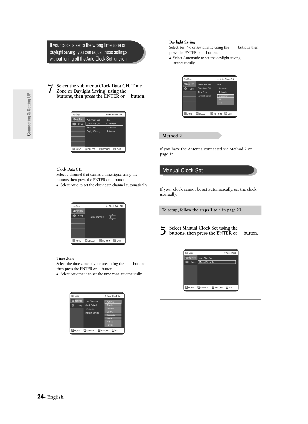 Samsung DVD-R120 instruction manual Manual Clock Set, Method 