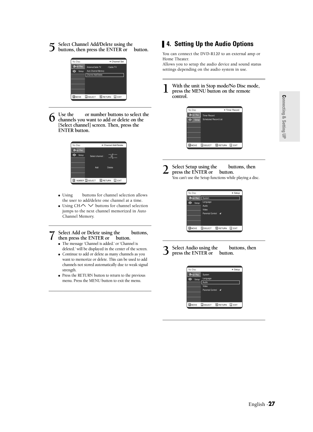 Samsung DVD-R120 instruction manual Setting Up the Audio Options, You cant use the Setup functions while playing a disc 