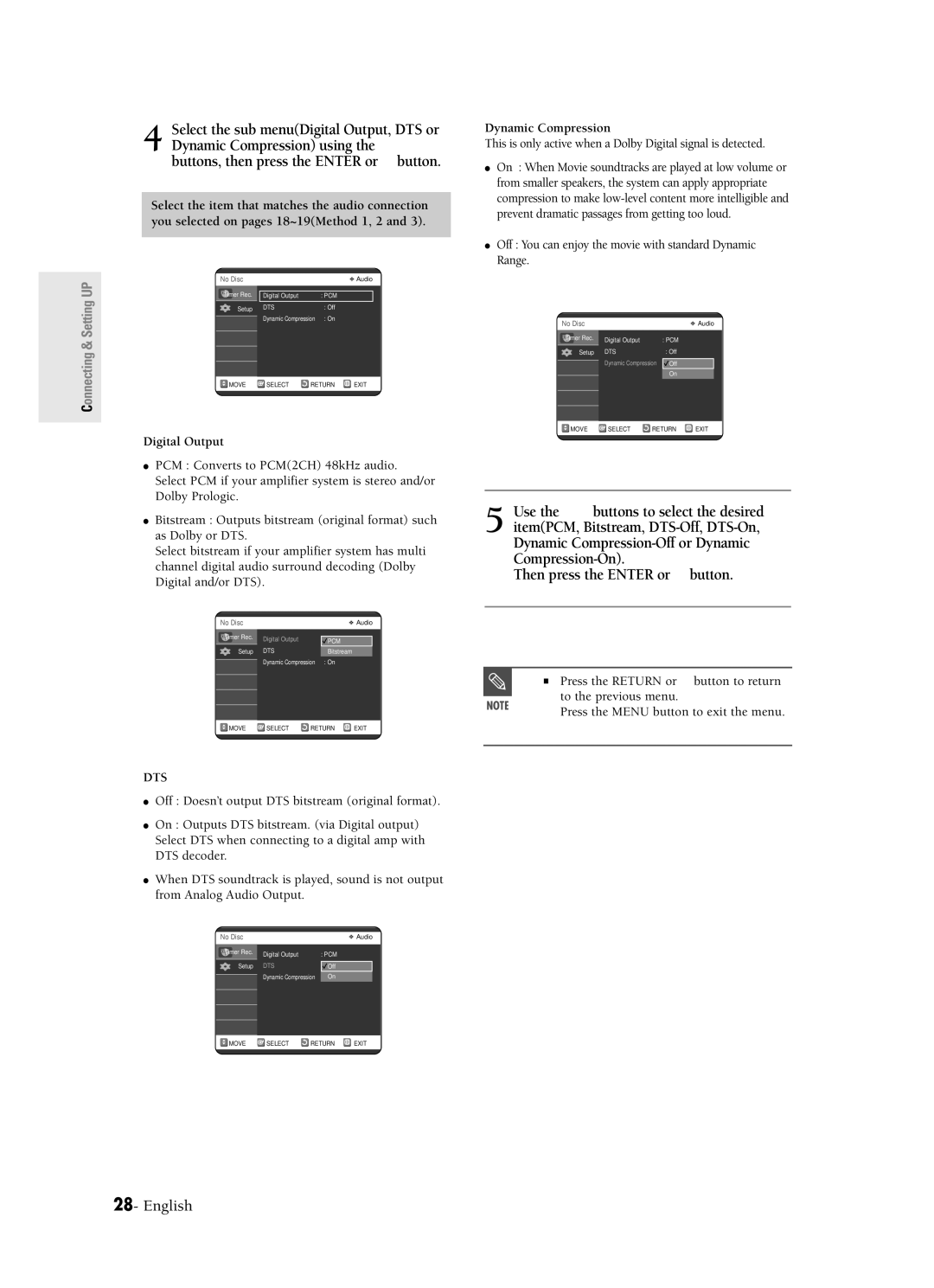 Samsung DVD-R120 instruction manual Then press the Enter or √ button, Digital Output, Dynamic Compression 