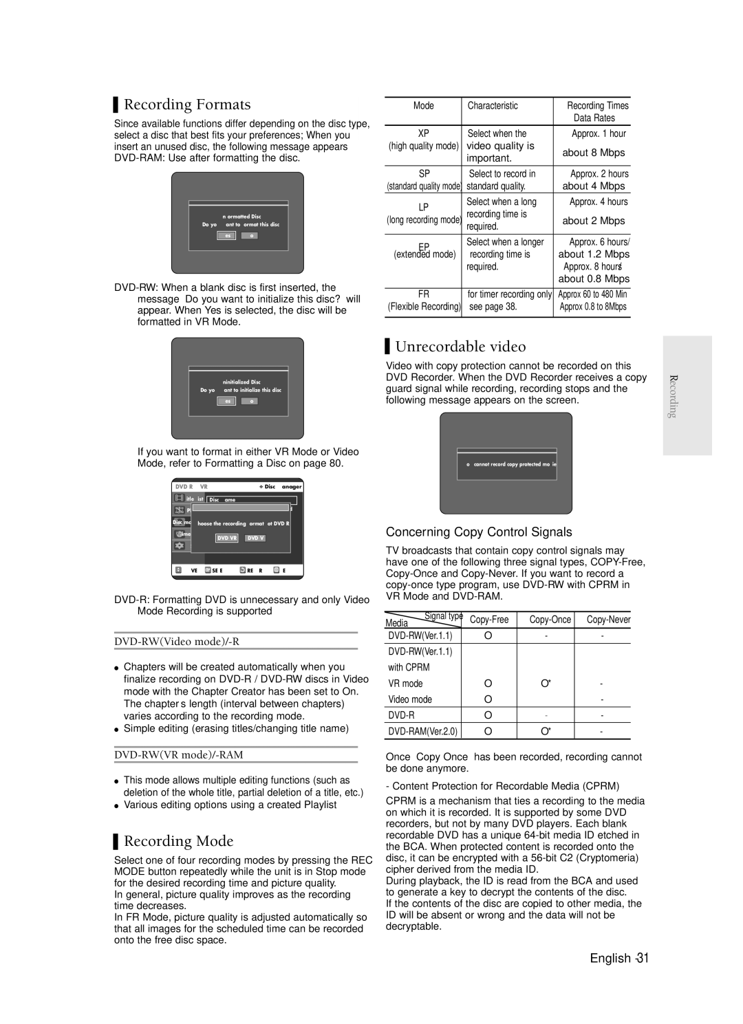 Samsung DVD-R120 instruction manual Recording Formats, Recording Mode, Unrecordable video, Concerning Copy Control Signals 