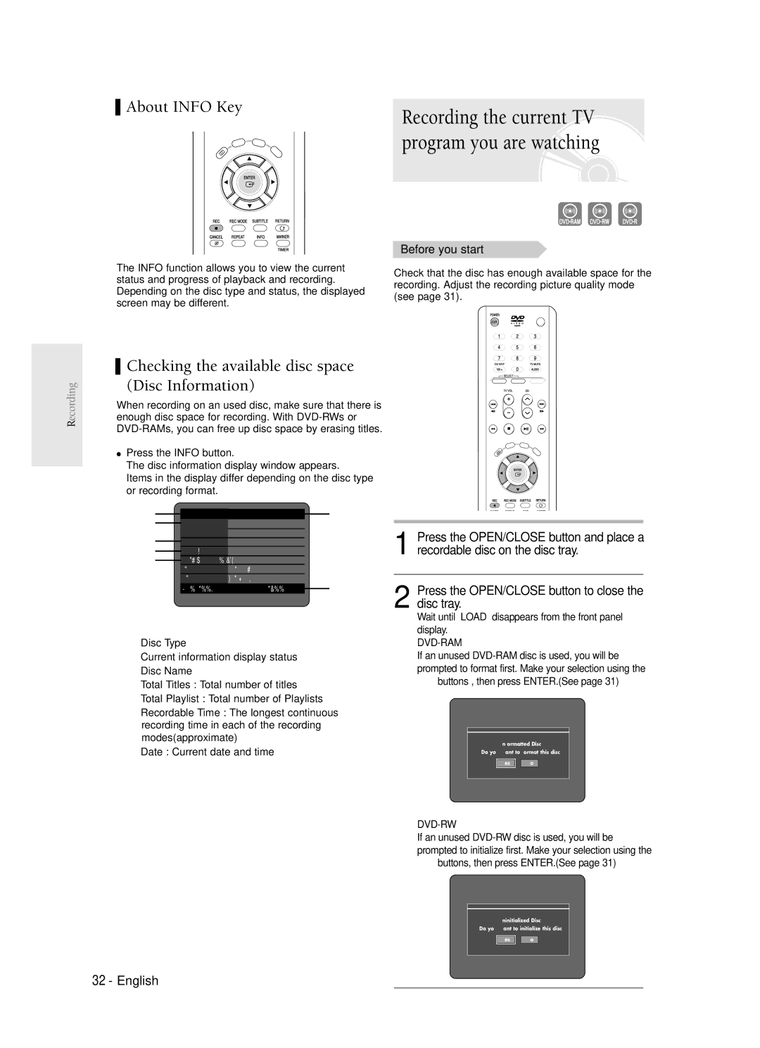 Samsung DVD-R120 instruction manual About Info Key, Checking the available disc space Disc Information, Before you start 