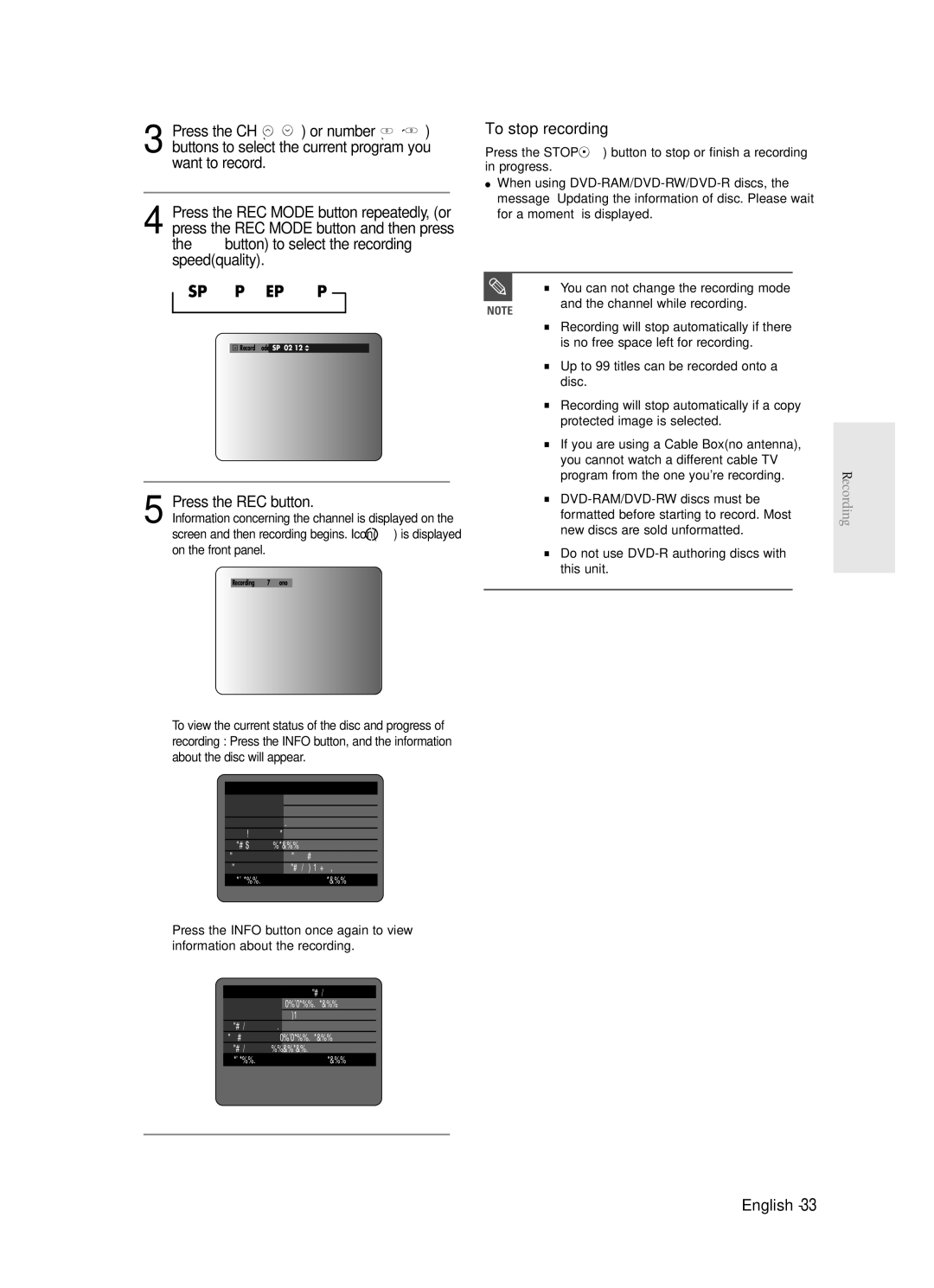 Samsung DVD-R120 instruction manual To stop recording, Press the REC button 