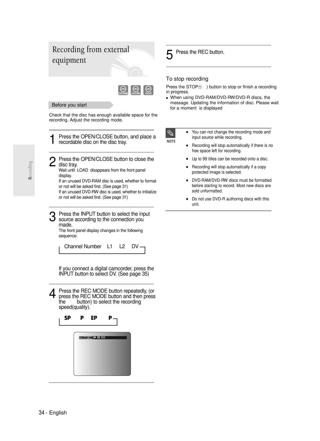 Samsung DVD-R120 instruction manual Channel Number L1 L2 DV, Press the REC button To stop recording 