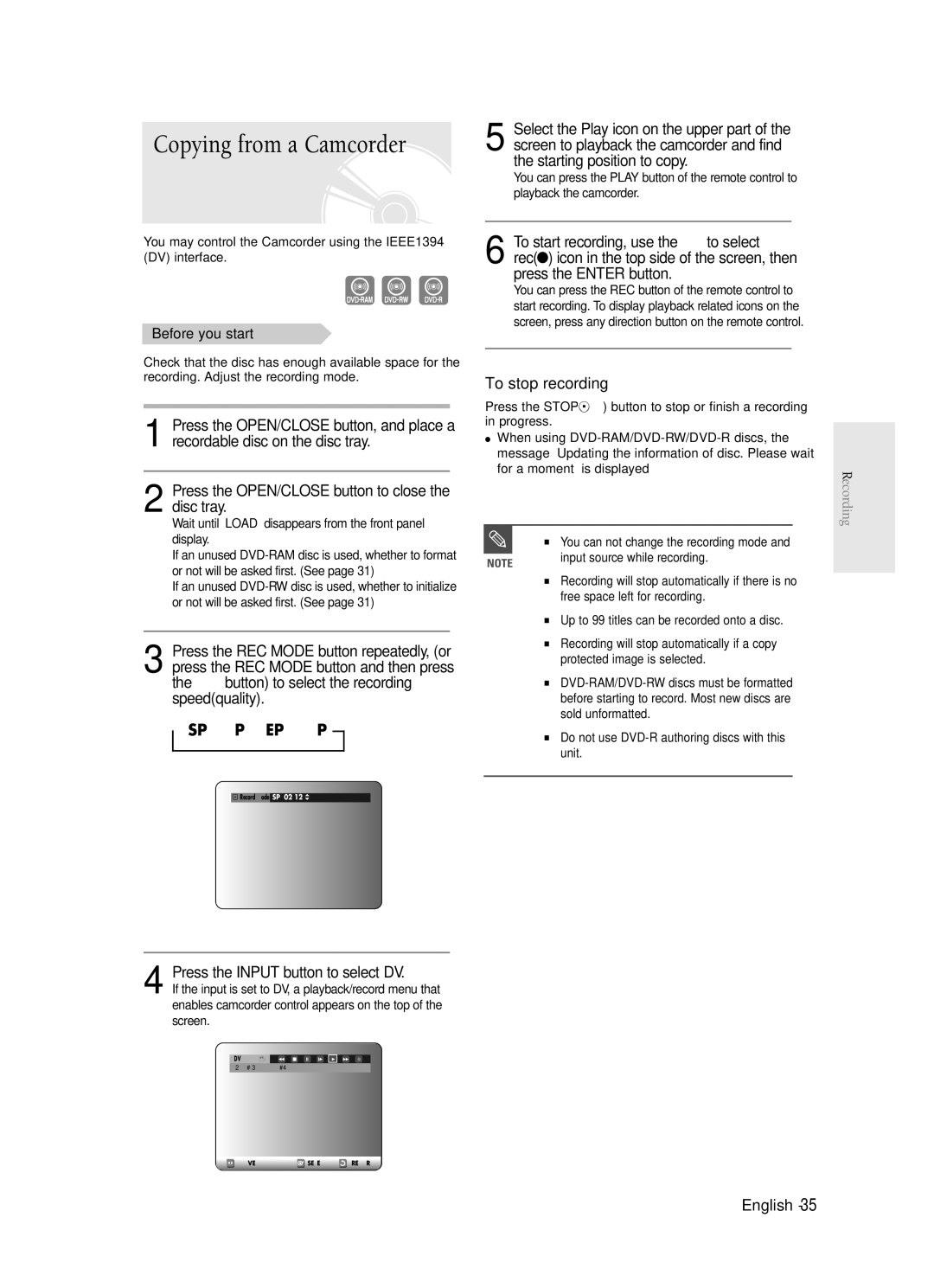 Samsung DVD-R120 instruction manual Copying from a Camcorder, Press the Input button to select DV 