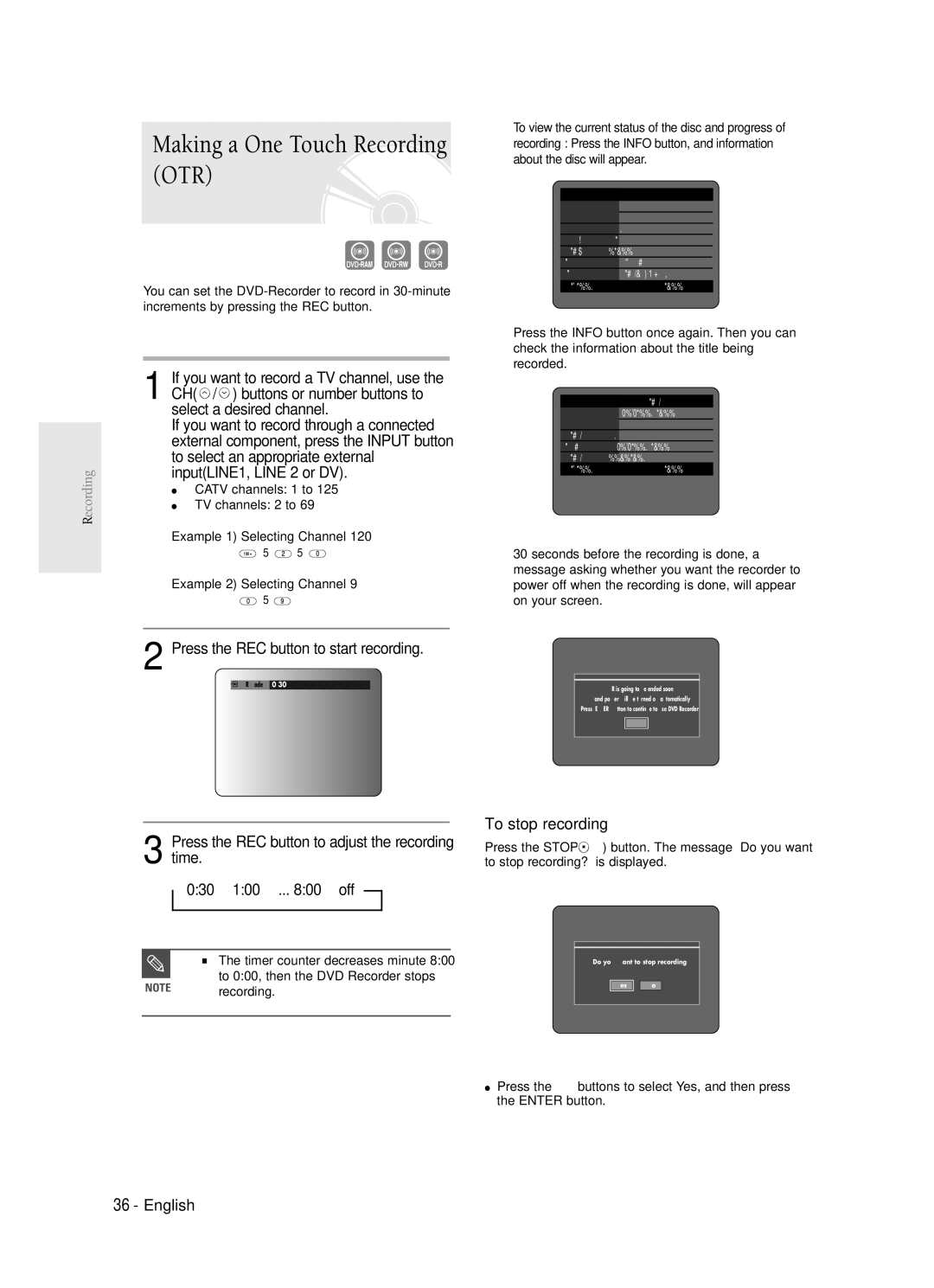 Samsung DVD-R120 instruction manual Making a One Touch Recording OTR, Press the REC button to start recording 