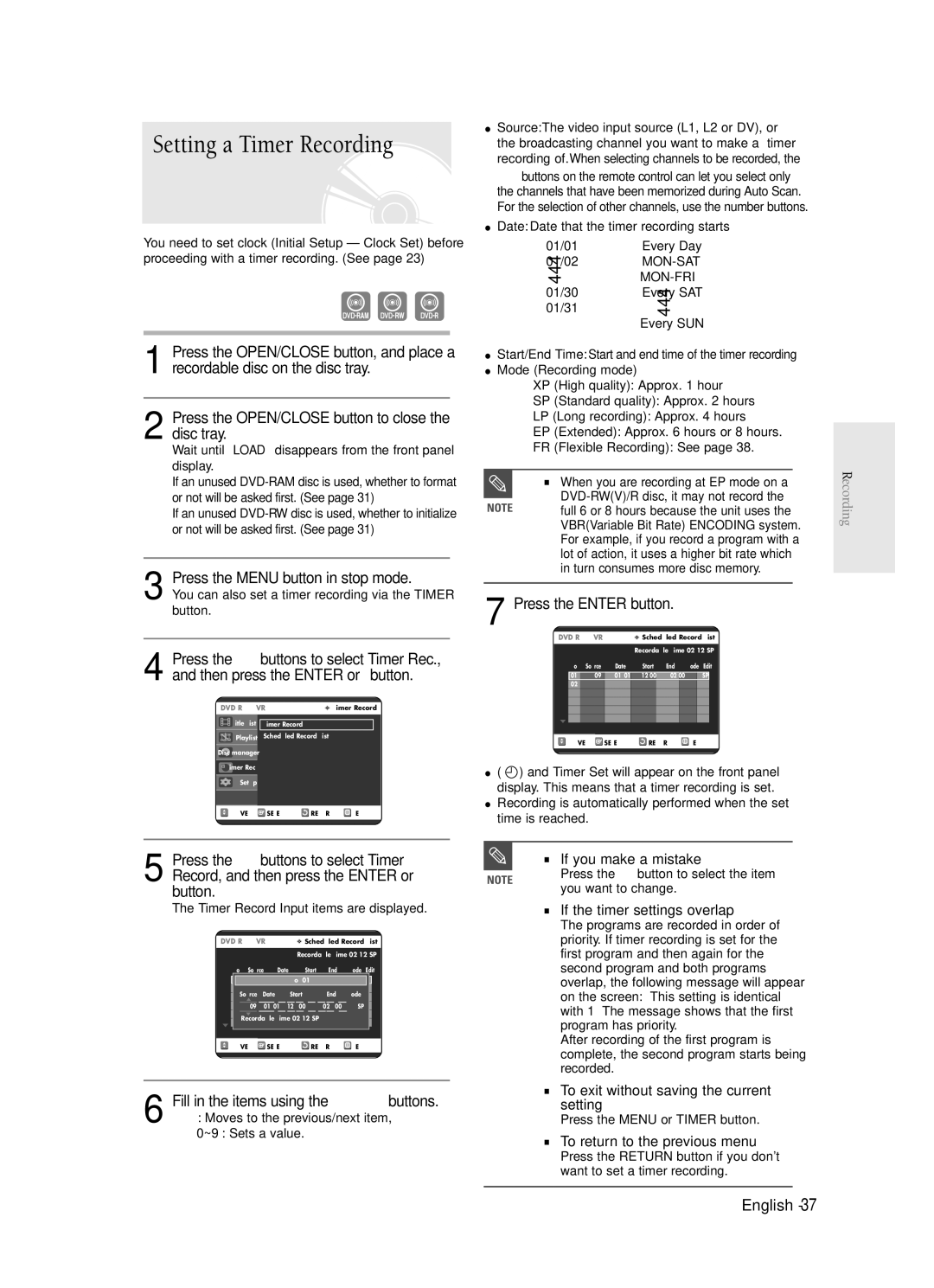 Samsung DVD-R120 instruction manual Setting a Timer Recording, Press the Menu button in stop mode, Press the Enter button 