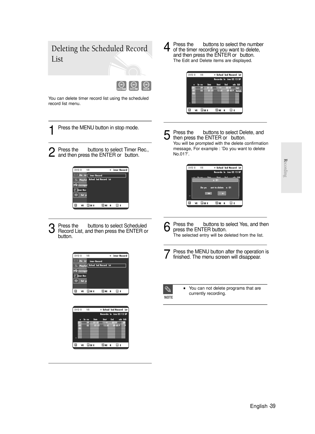 Samsung DVD-R120 Selected entry will be deleted from the list, You can not delete programs that are currently recording 