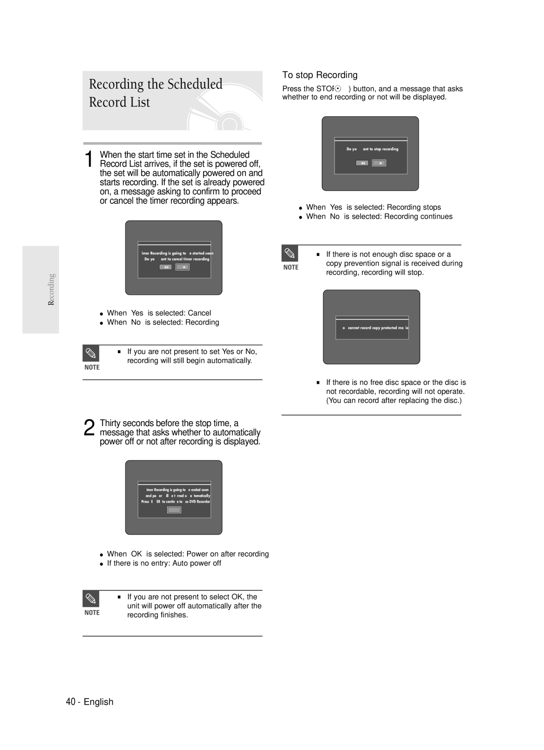 Samsung DVD-R120 instruction manual Recording the Scheduled, Record List, Press the Stop button, and a message that asks 