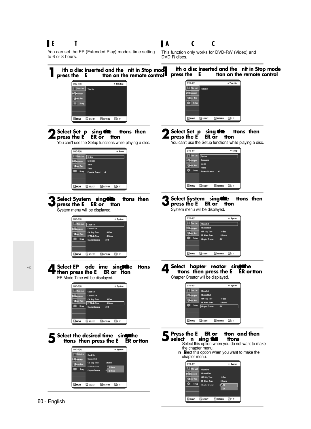 Samsung DVD-R120 instruction manual EP Mode Time Setting, Automatic Chapter Creation, EP Mode Time will be displayed 