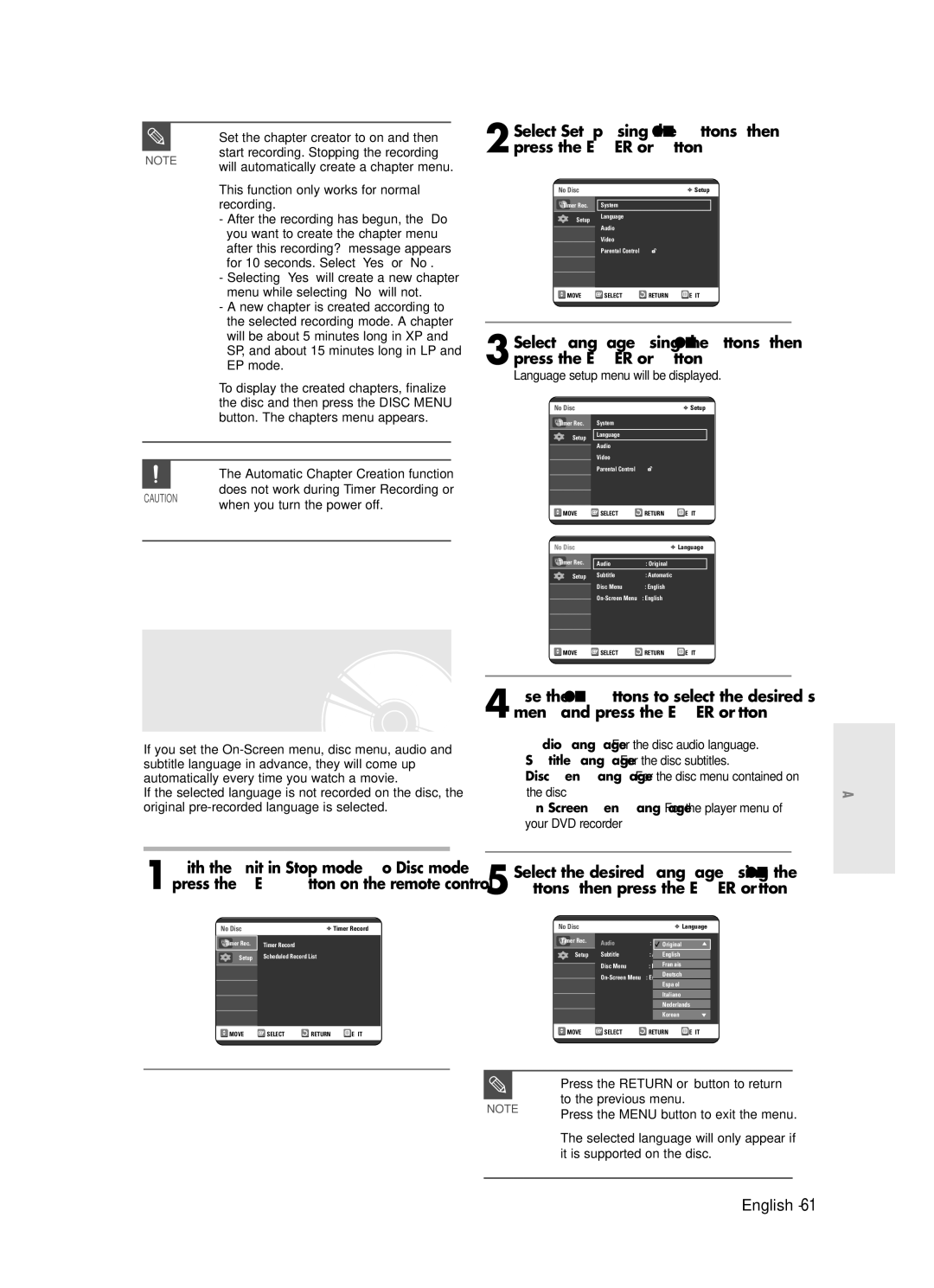 Samsung DVD-R120 instruction manual Language Setting, Language setup menu will be displayed 