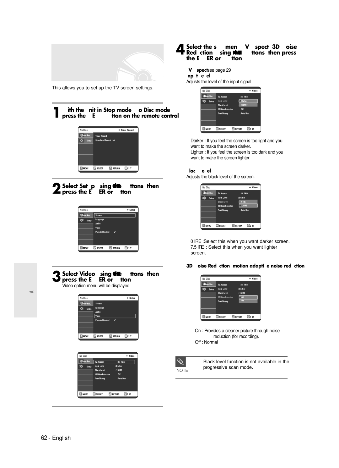 Samsung DVD-R120 instruction manual Video Display Setting, TV Aspect see Input Level, Black Level 