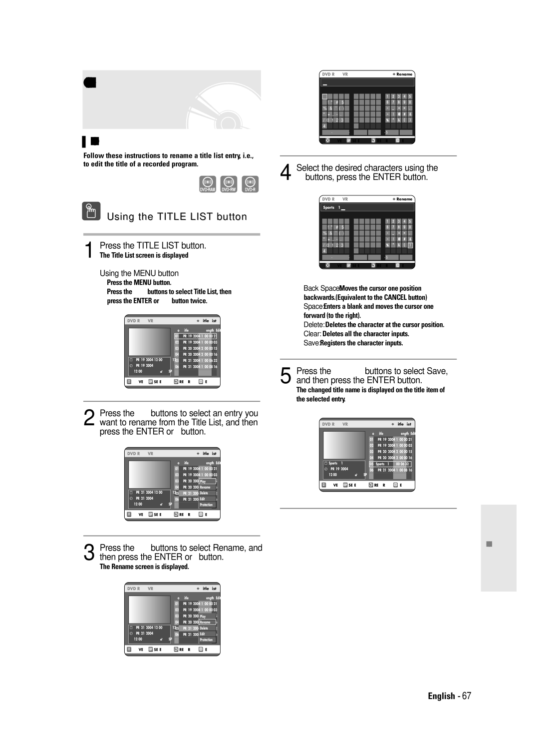 Samsung DVD-R120 instruction manual Basic Editing Title List, RenamingLabeling a Title, Using the Menu button 