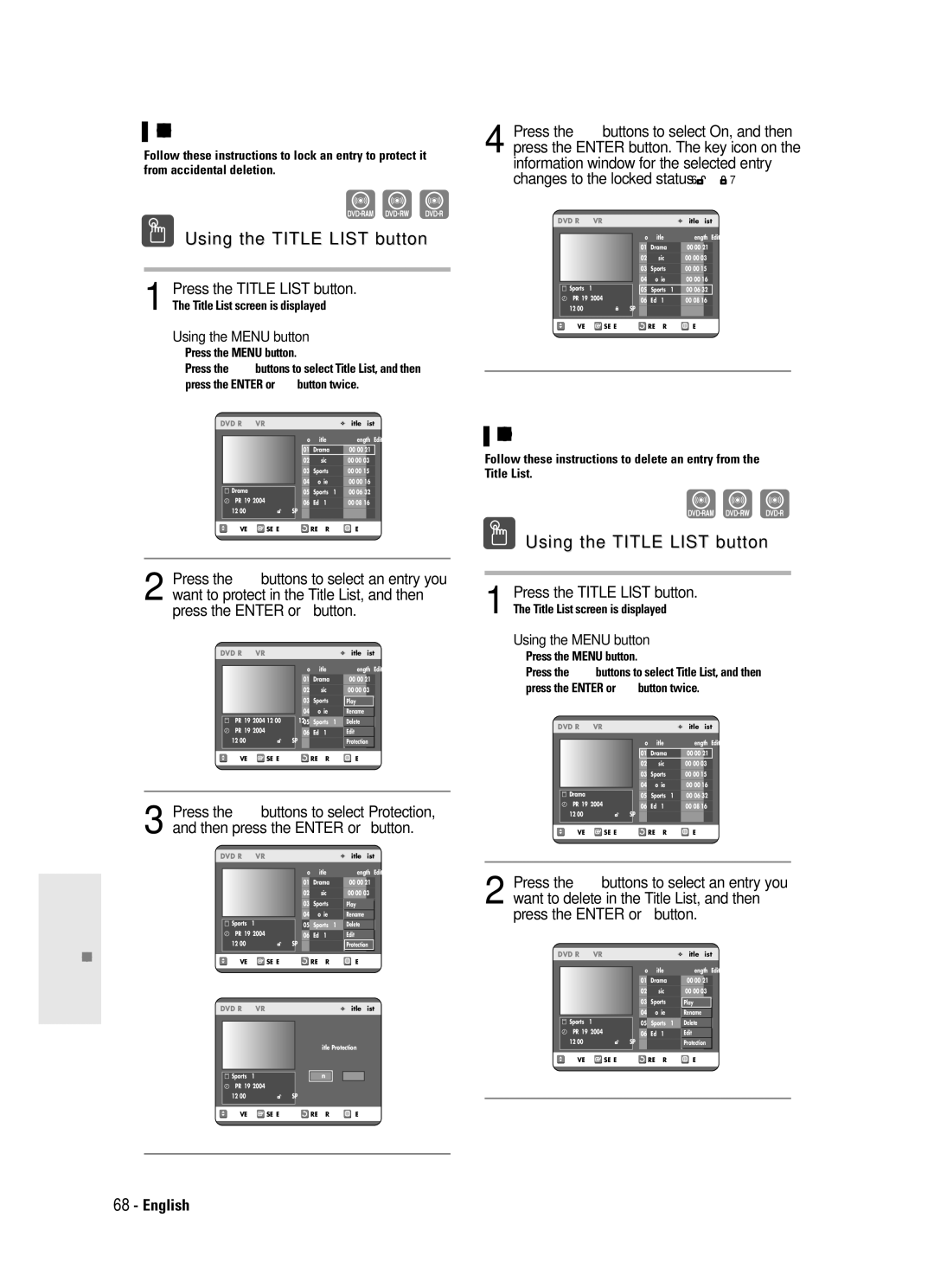 Samsung DVD-R120 instruction manual LockingProtecting a Title, Deleting a Title 