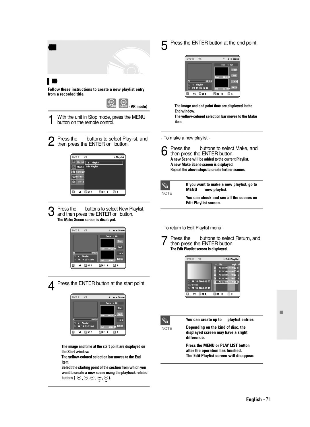 Samsung DVD-R120 Creating a Playlist, Press the Enter button at the end point, Press the Enter button at the start point 