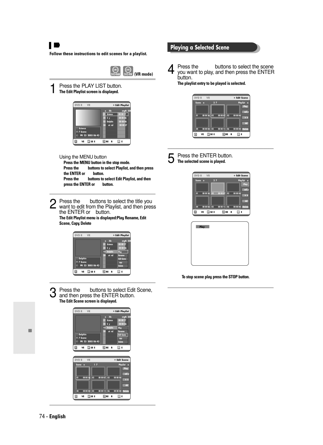 Samsung DVD-R120 Editing a Scene for the Playlist, Playing a Selected Scene, Playlist entry to be played is selected 