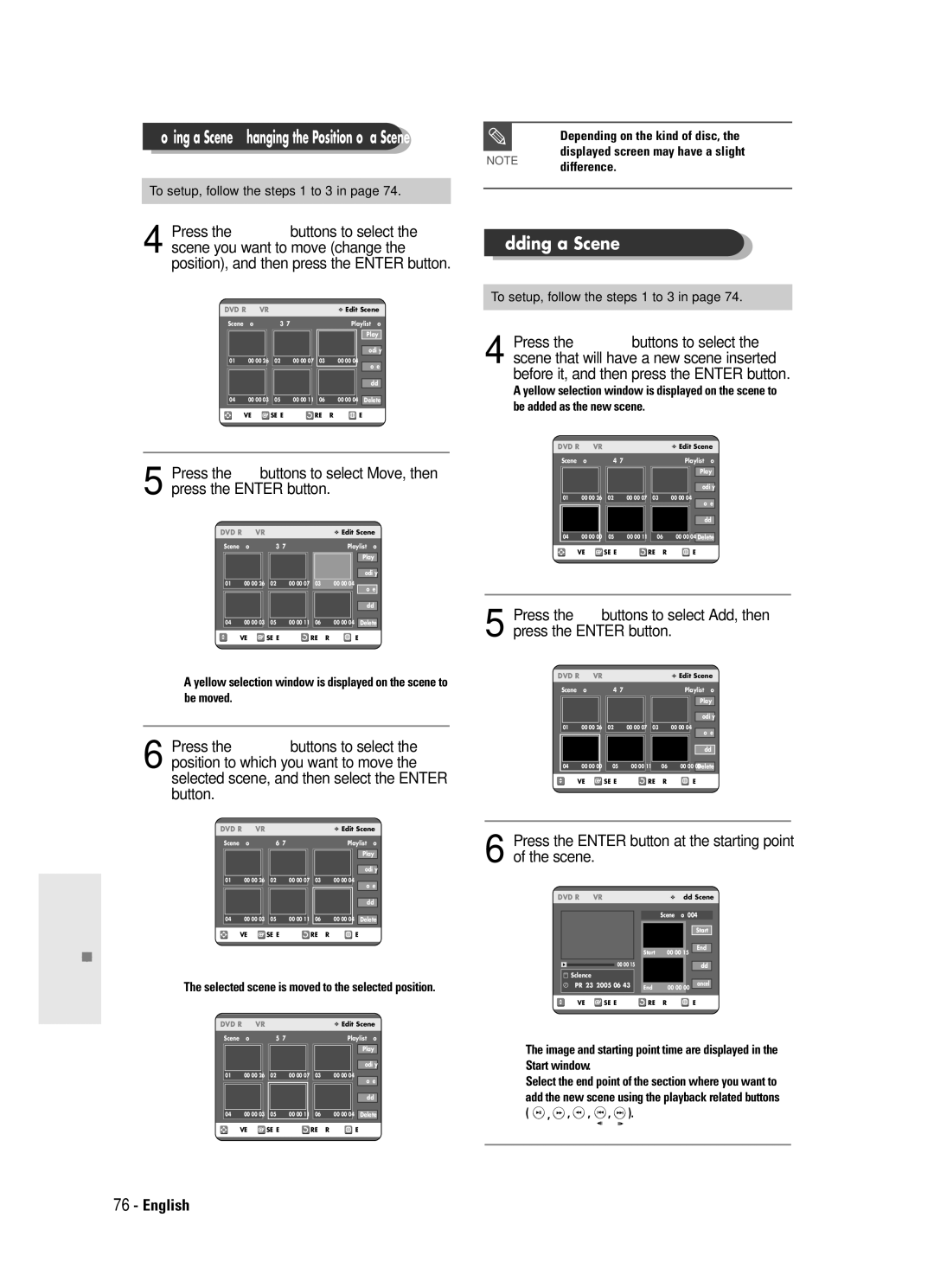 Samsung DVD-R120 instruction manual Adding a Scene, Press the Enter button at the starting point of the scene 