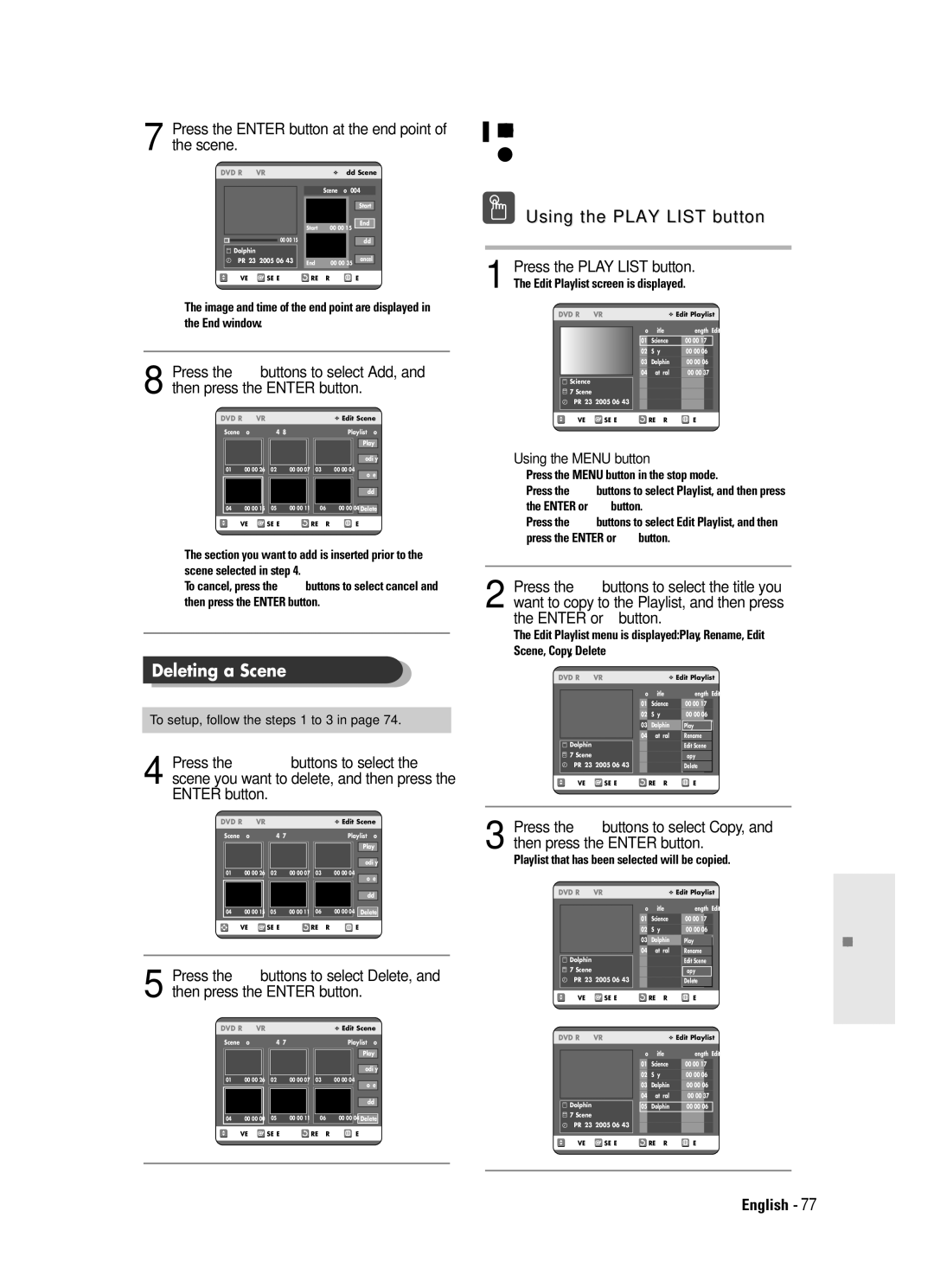 Samsung DVD-R120 instruction manual Copying a Playlist Entry to the Playlist, Deleting a Scene, Scene, Copy, Delete 