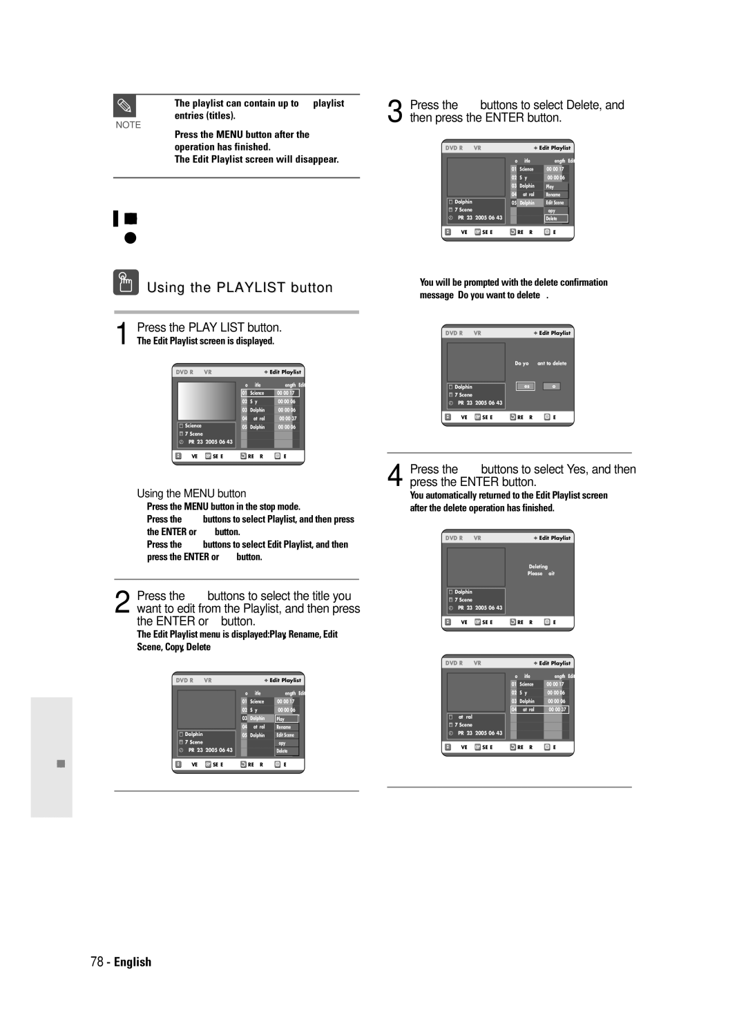 Samsung DVD-R120 Deleting a Playlist Entry from the Playlist, Playlist can contain up to 99 playlist entries titles 