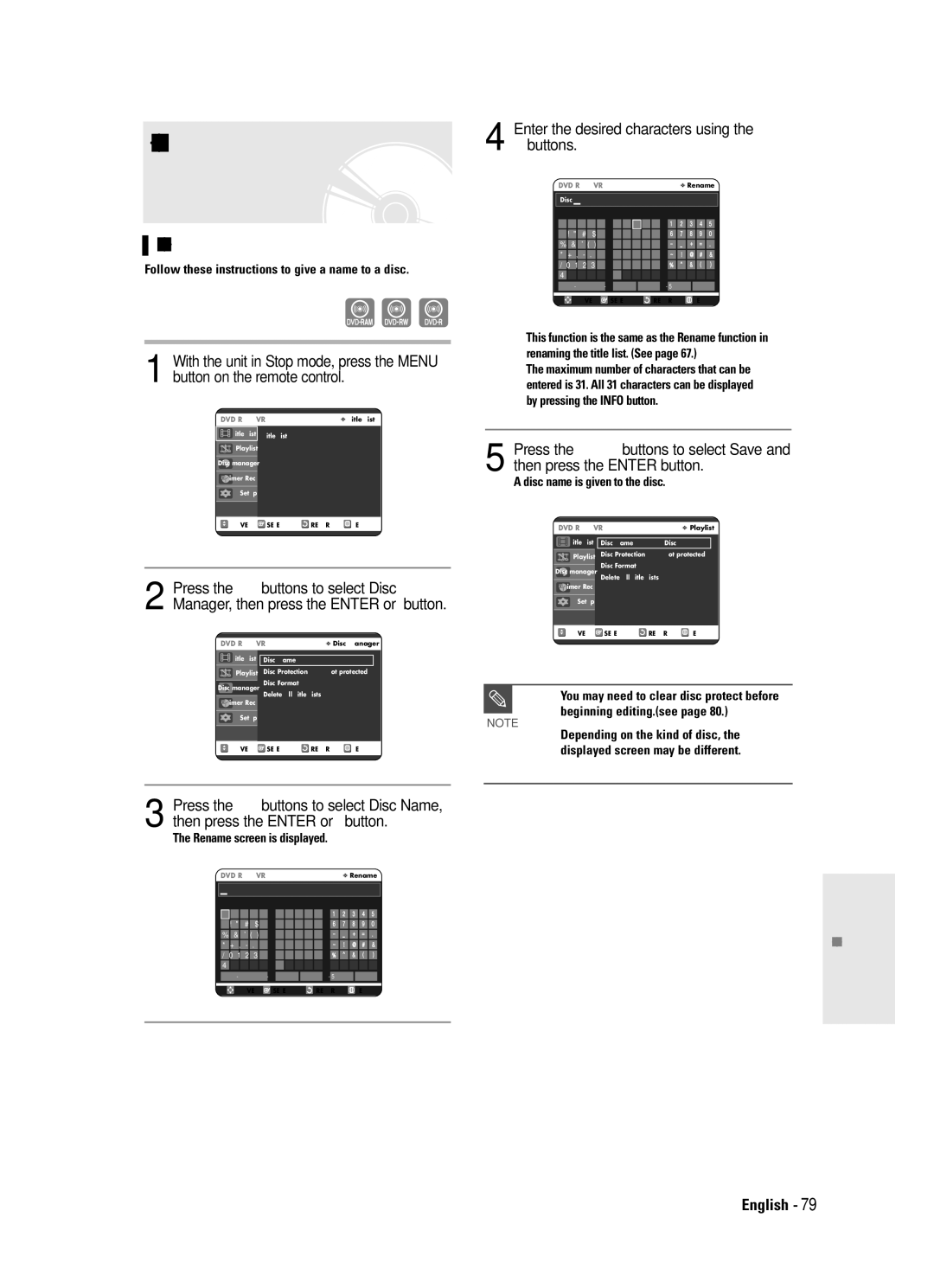 Samsung DVD-R120 instruction manual Disc Manager, Editing the Disc Name, Follow these instructions to give a name to a disc 