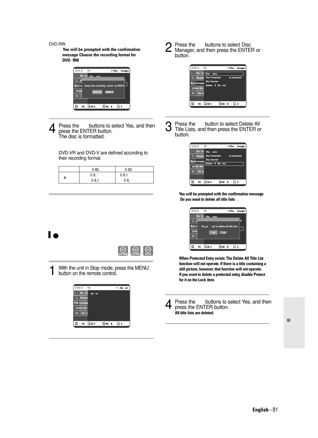 Samsung DVD-R120 instruction manual Delete All Title Lists, All title lists are deleted 