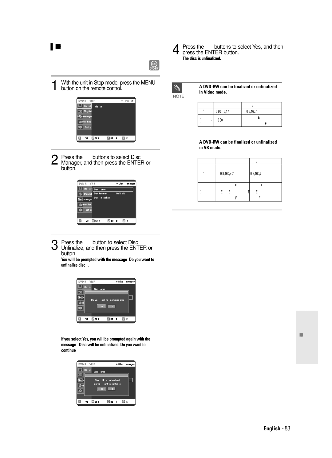 Samsung DVD-R120 instruction manual Unfinalizing a disc V/VR mode, DVD-RW can be finalized or unfinalized in VR mode 