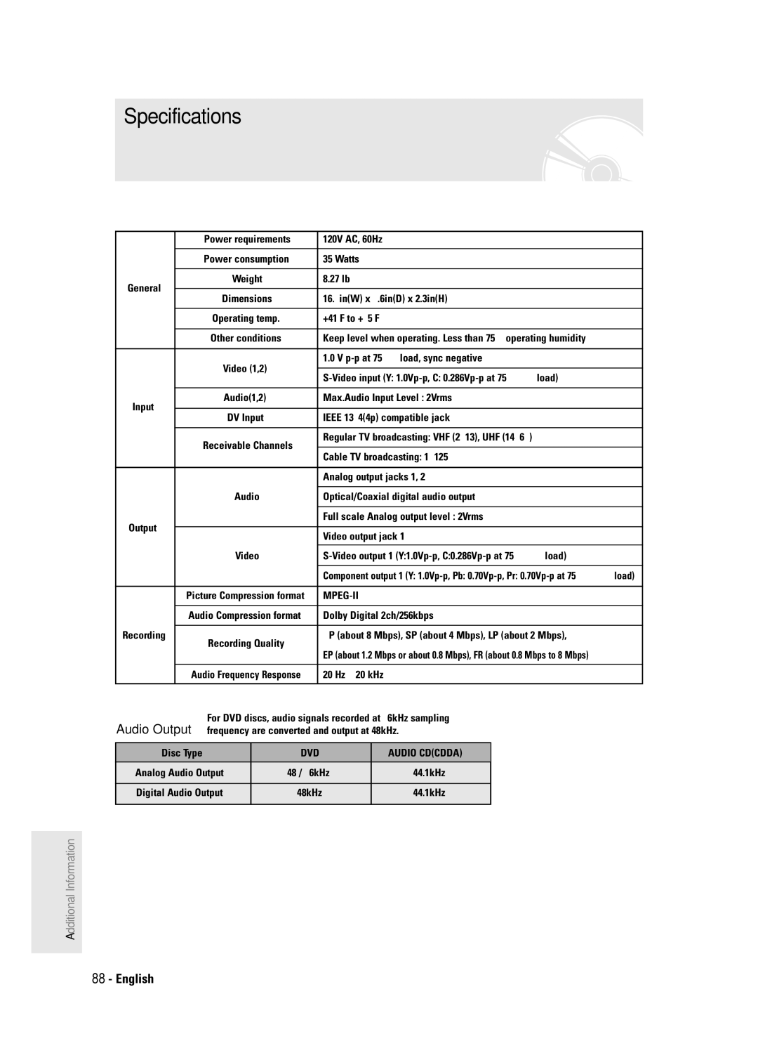 Samsung DVD-R120 instruction manual Specifications, Picture Compression format, 20 Hz ~ 20 kHz 