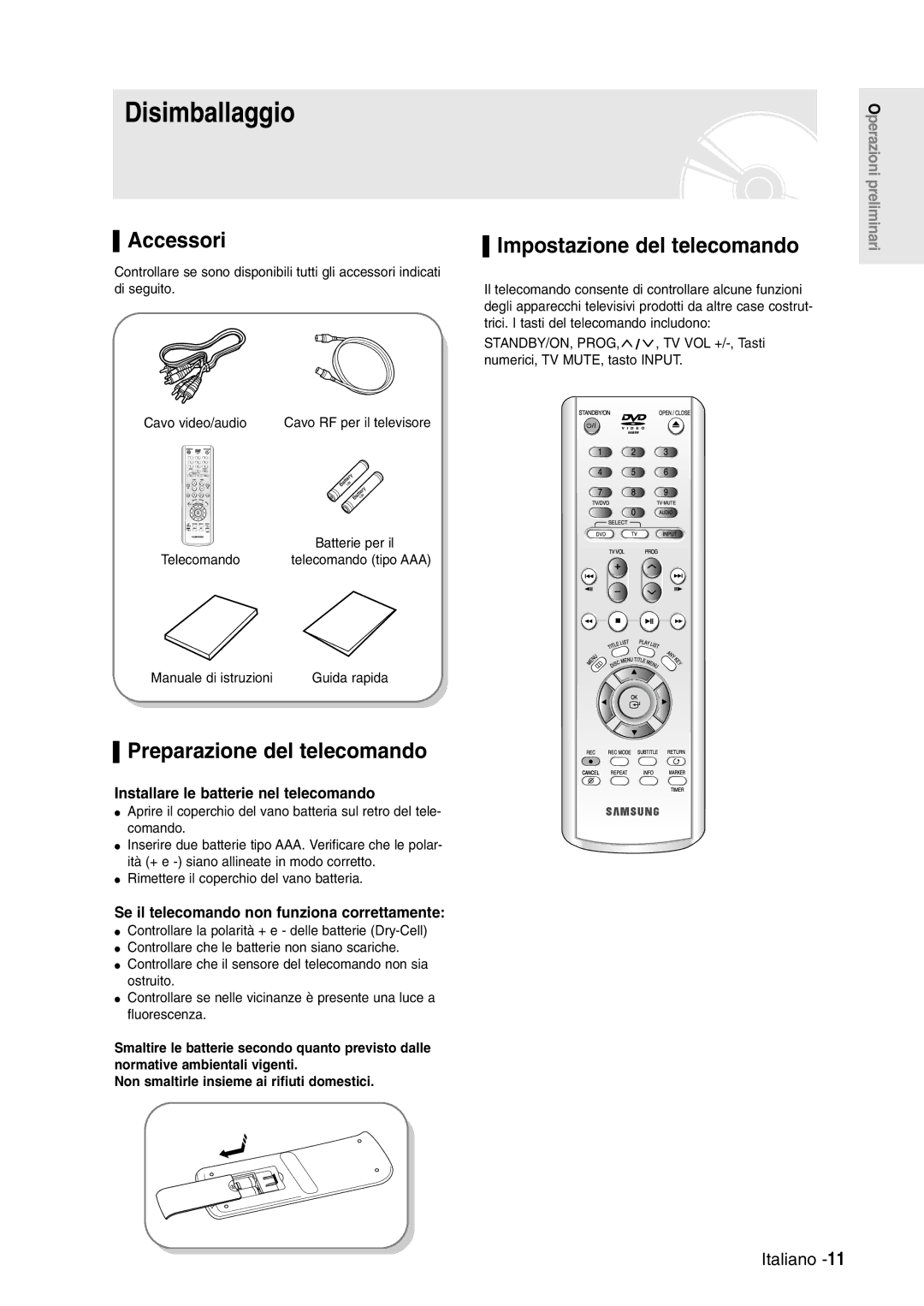 Samsung DVD-R120/XET, DVD-R120/AFS Disimballaggio, Accessori, Preparazione del telecomando, Impostazione del telecomando 