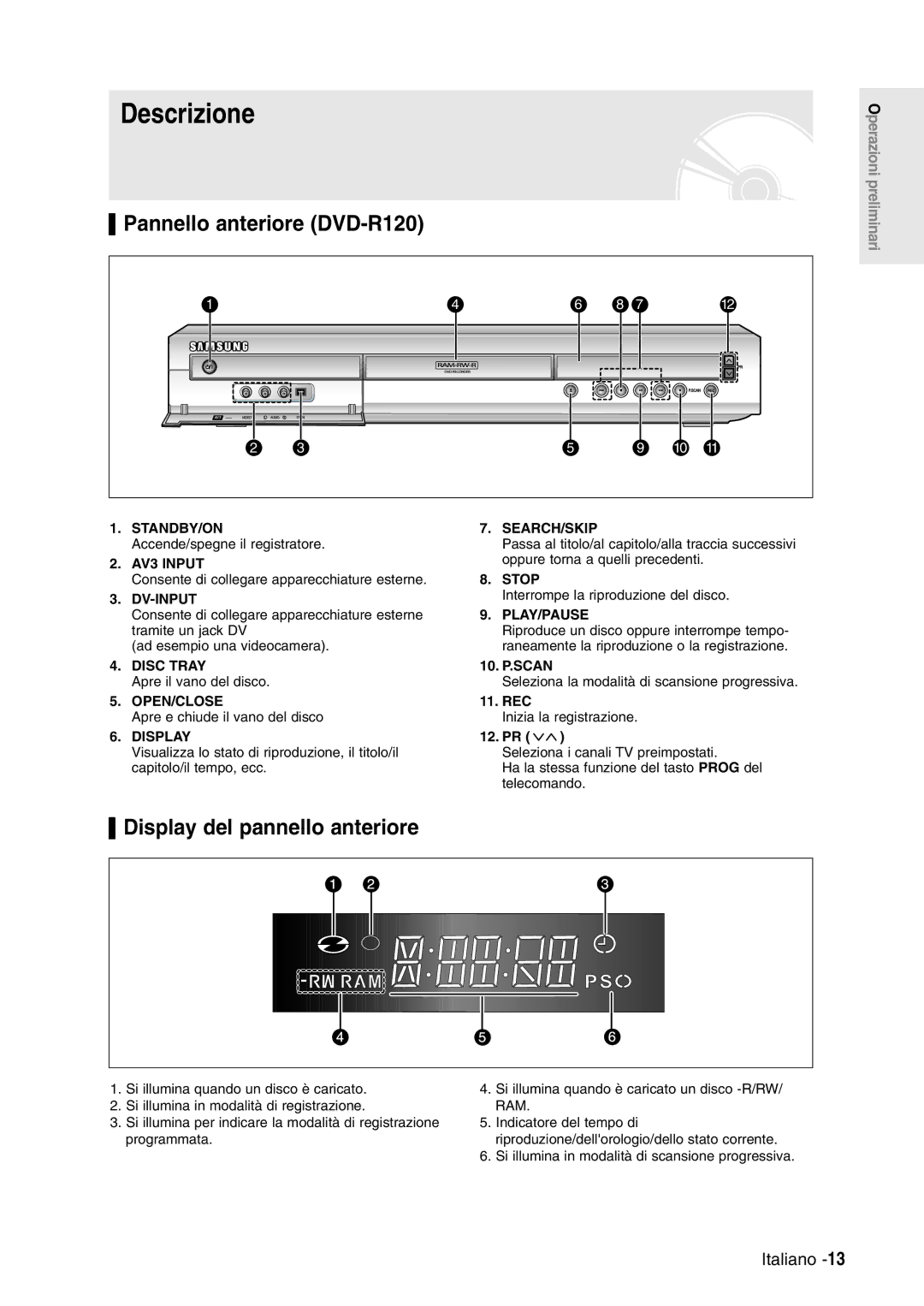 Samsung DVD-R120/XET, DVD-R120/AFS manual Descrizione, Pannello anteriore DVD-R120, Display del pannello anteriore 