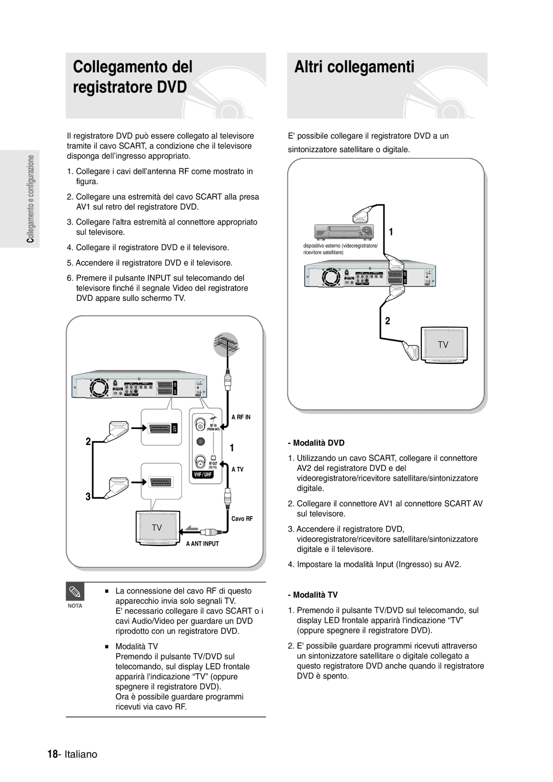 Samsung DVD-R120/AFS, DVD-R120/XET manual Collegamento del Altri collegamenti Registratore DVD, Modalità DVD, Modalità TV 