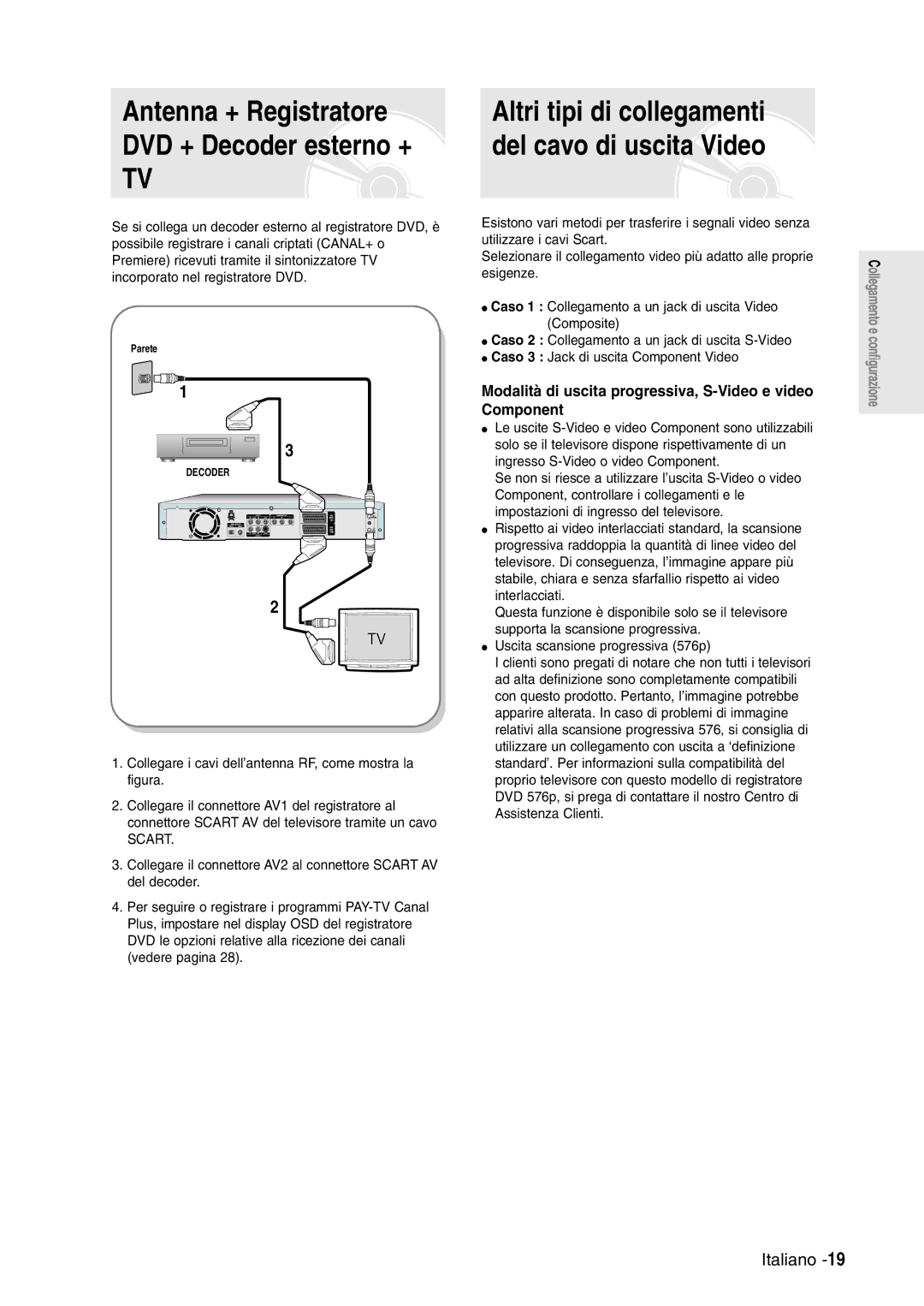 Samsung DVD-R120/XET, DVD-R120/AFS manual Modalità di uscita progressiva, S-Video e video Component, Scart 