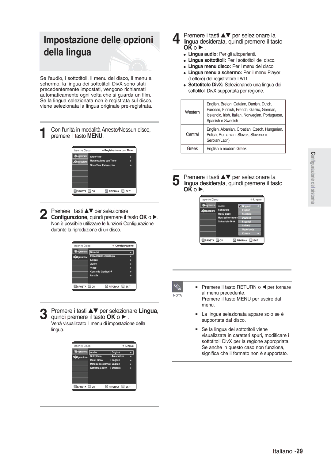 Samsung DVD-R120/XET, DVD-R120/AFS manual Impostazione delle opzioni della lingua, Premere il tasto Menu 