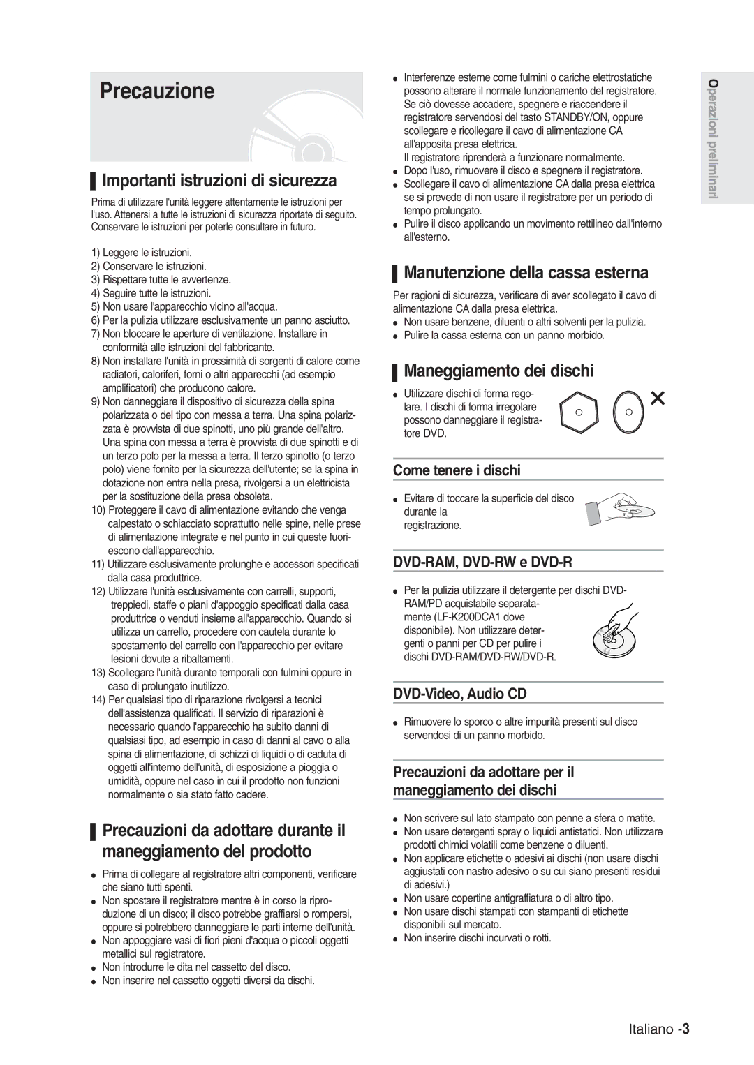 Samsung DVD-R120/XET, DVD-R120/AFS manual Precauzione, Importanti istruzioni di sicurezza, Manutenzione della cassa esterna 