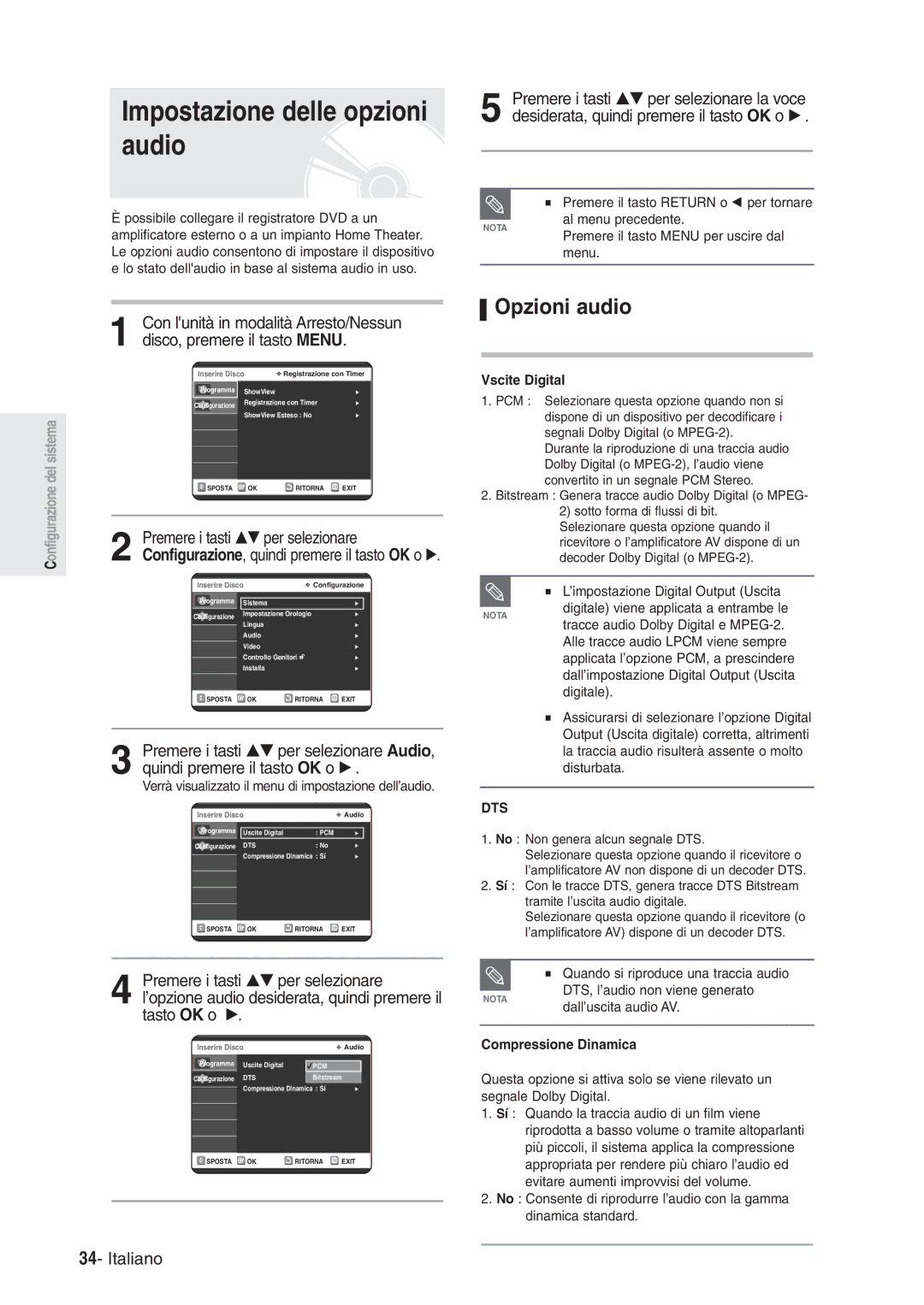 Samsung DVD-R120/AFS, DVD-R120/XET Impostazione delle opzioni audio, Opzioni audio, Vscite Digital, Compressione Dinamica 