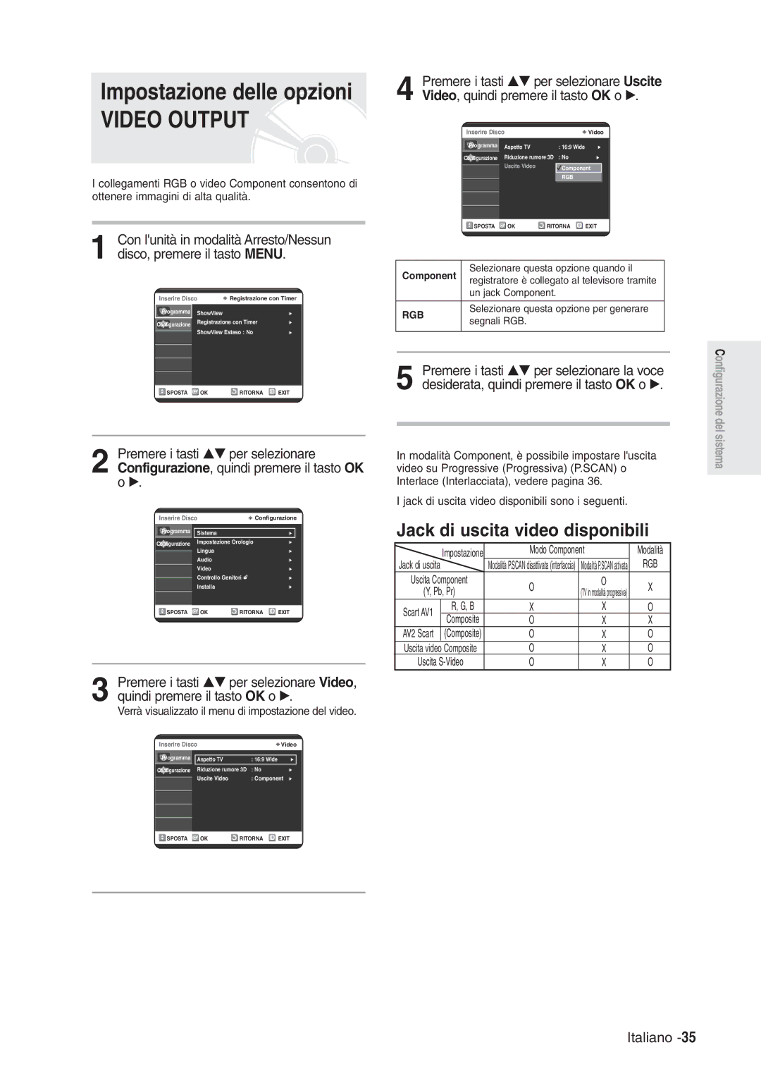 Samsung DVD-R120/XET manual Jack di uscita video disponibili, Verrà visualizzato il menu di impostazione del video, Rgb 