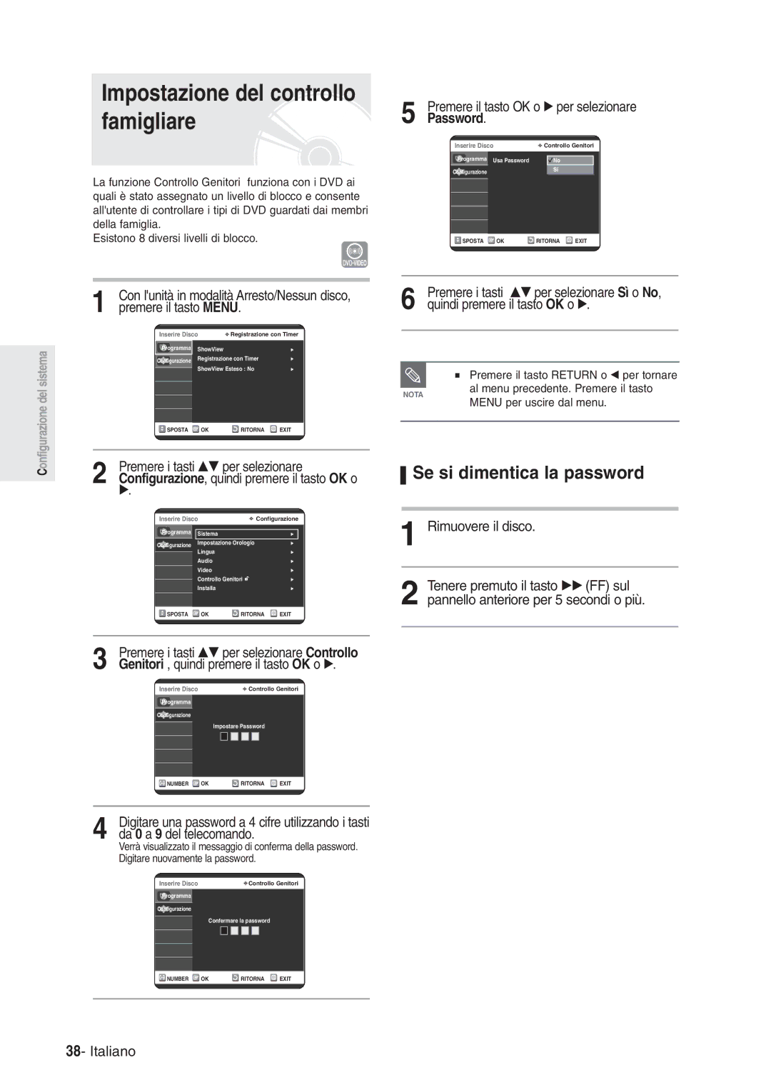 Samsung DVD-R120/AFS manual Impostazione del controllo famigliare, Se si dimentica la password, Da 0 a 9 del telecomando 