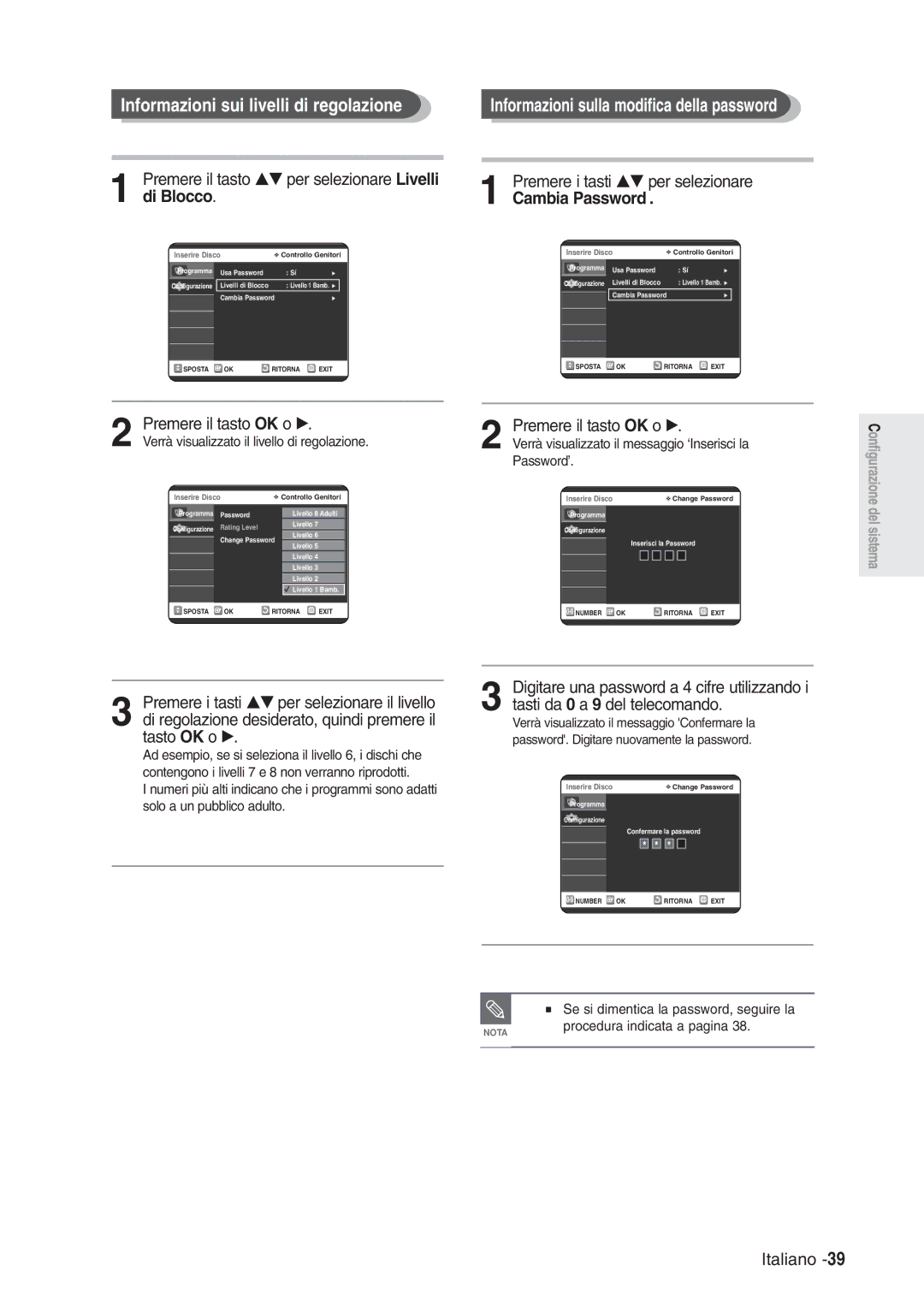 Samsung DVD-R120/XET, DVD-R120/AFS manual Informazioni sui livelli di regolazione, Premere il tasto OK o √, Password’ 