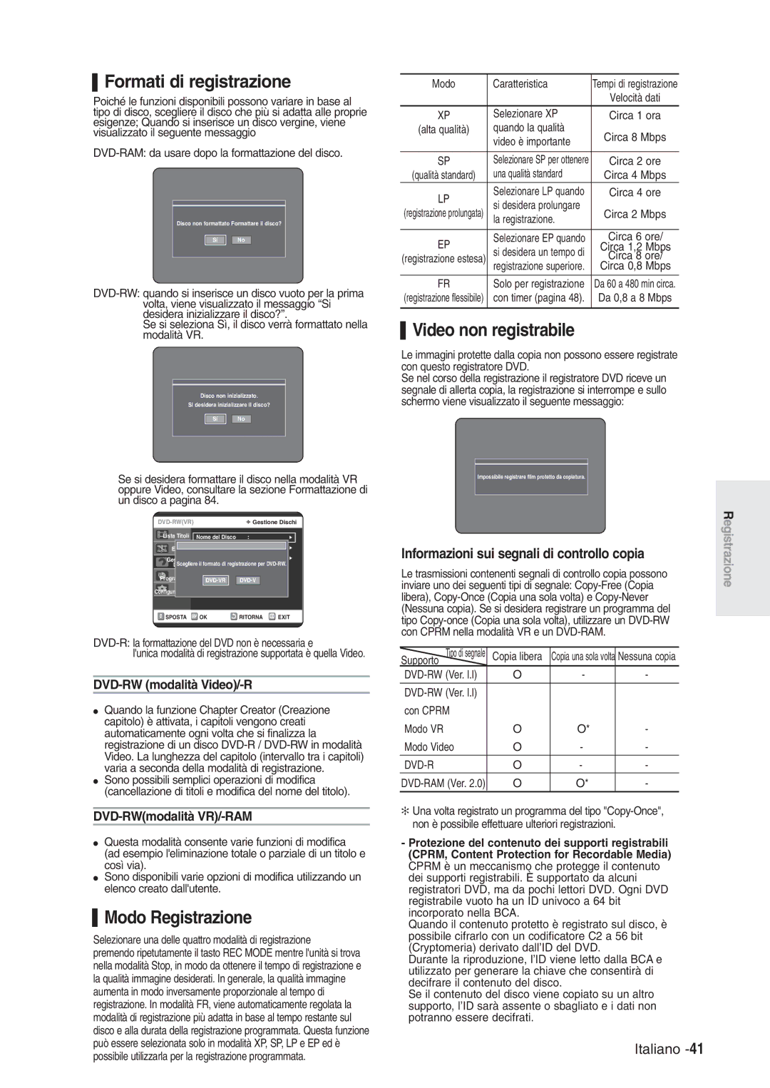 Samsung DVD-R120/XET manual Formati di registrazione, Modo Registrazione, Video non registrabile, DVD-RW modalità Video/-R 