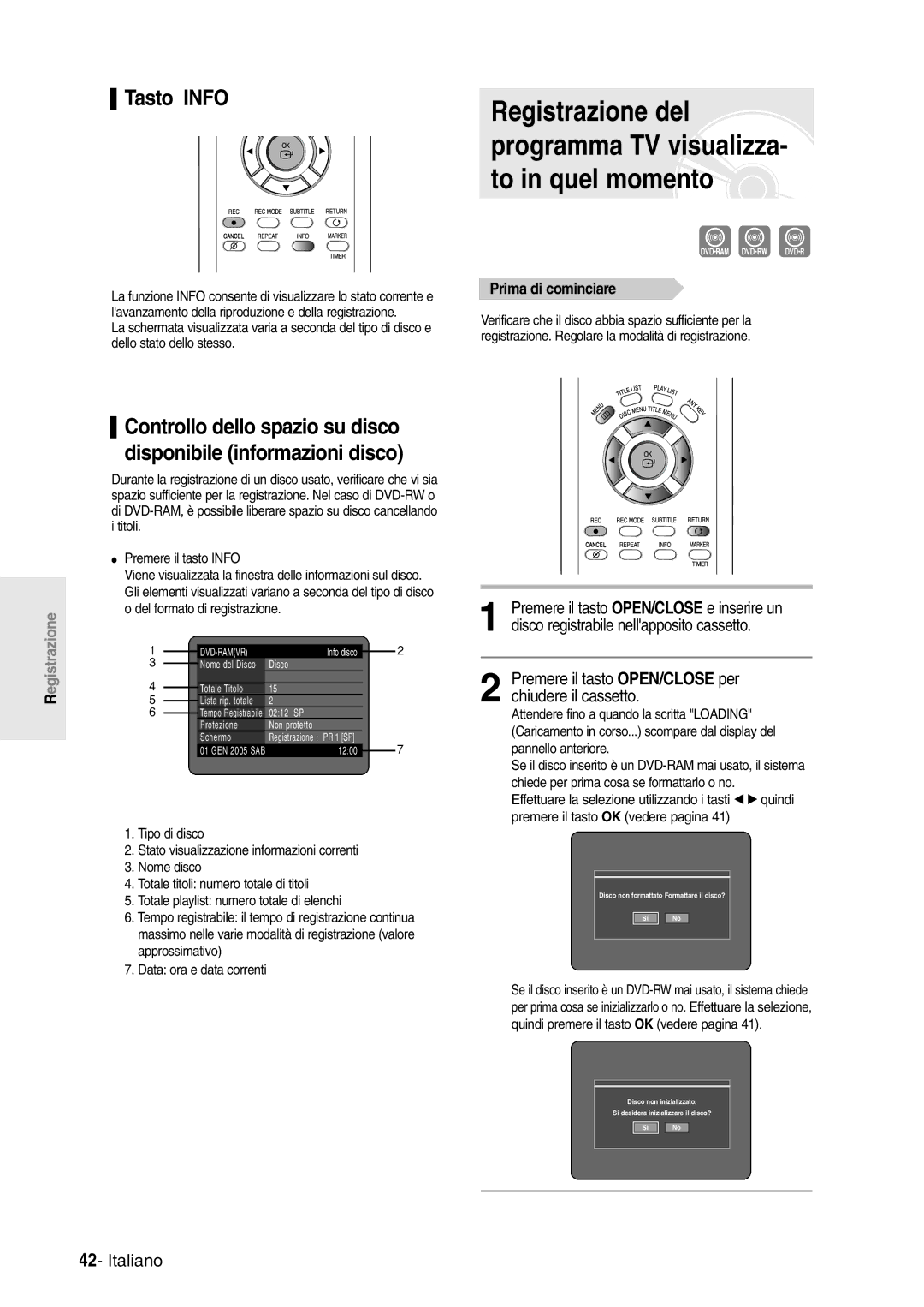 Samsung DVD-R120/AFS, DVD-R120/XET manual Registrazione del, To in quel momento, Tasto Info, Prima di cominciare 