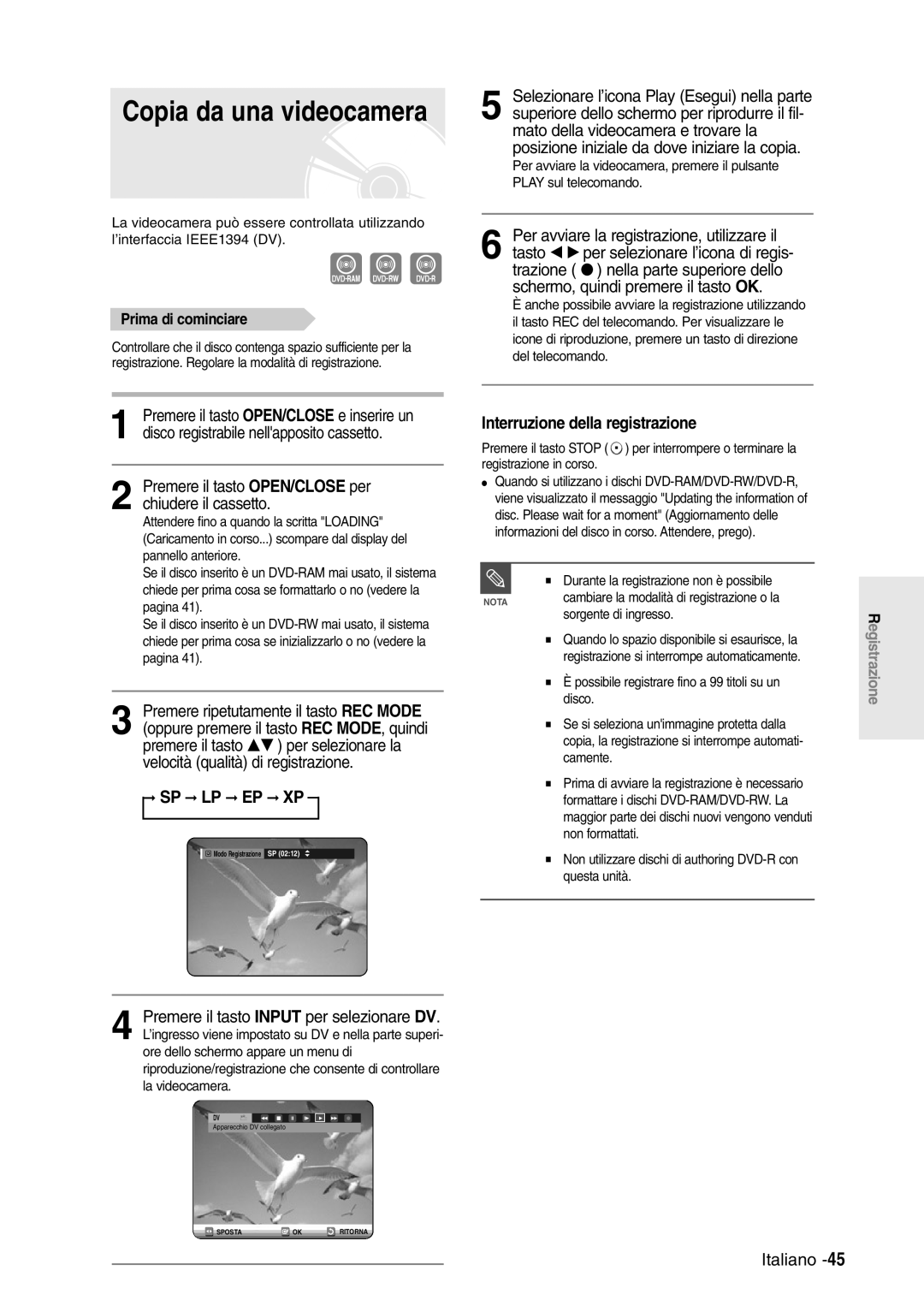 Samsung DVD-R120/XET, DVD-R120/AFS manual Copia da una videocamera 