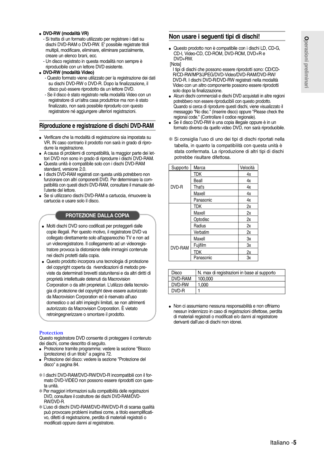 Samsung DVD-R120/XET, DVD-R120/AFS Non usare i seguenti tipi di dischi, Riproduzione e registrazione di dischi DVD-RAM 