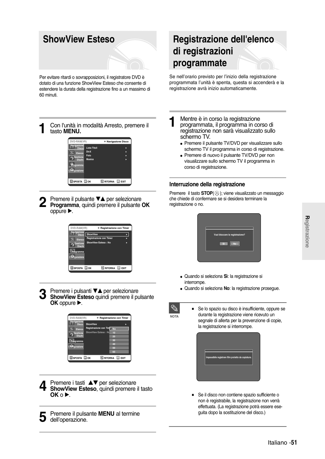 Samsung DVD-R120/XET, DVD-R120/AFS manual ShowView Esteso, Registrazione dellelenco di registrazioni programmate 