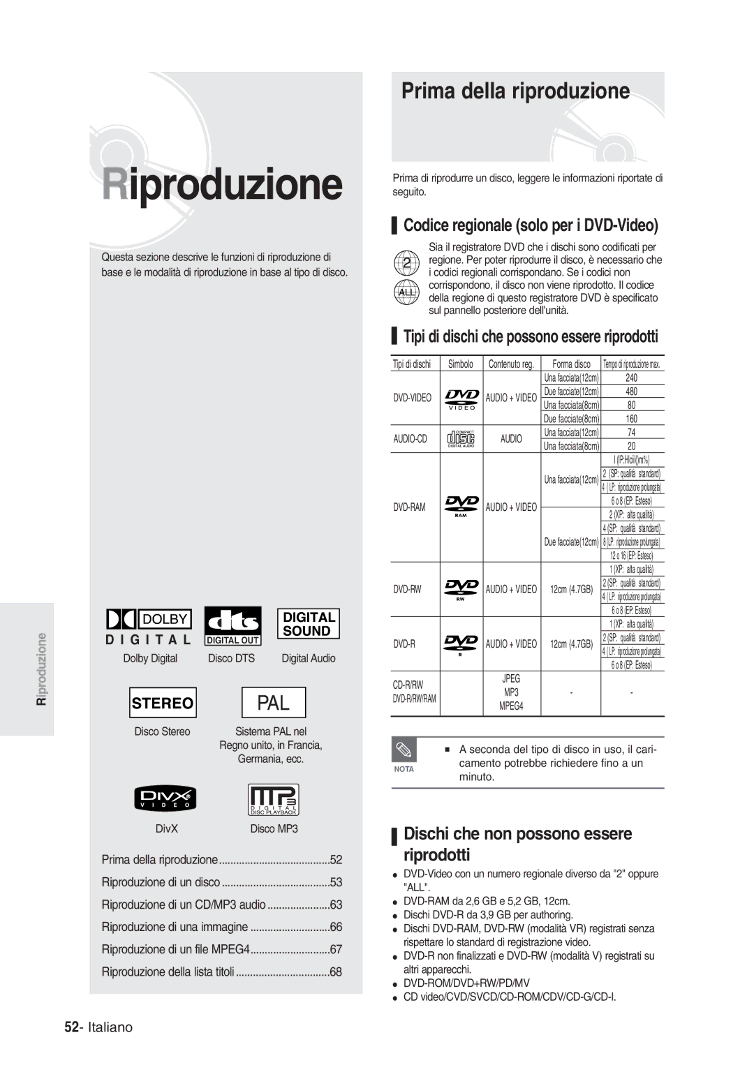 Samsung DVD-R120/AFS, DVD-R120/XET Prima della riproduzione, Codice regionale solo per i DVD-Video, Dvd-Rom/Dvd+Rw/Pd/Mv 