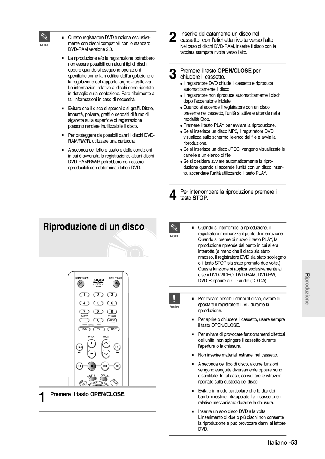 Samsung DVD-R120/XET, DVD-R120/AFS manual Riproduzione di un disco, Per interrompere la riproduzione premere il tasto Stop 