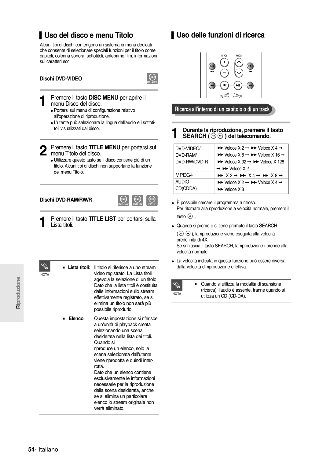 Samsung DVD-R120/AFS, DVD-R120/XET manual Uso del disco e menu Titolo, Uso delle funzioni di ricerca, Lista titoli 