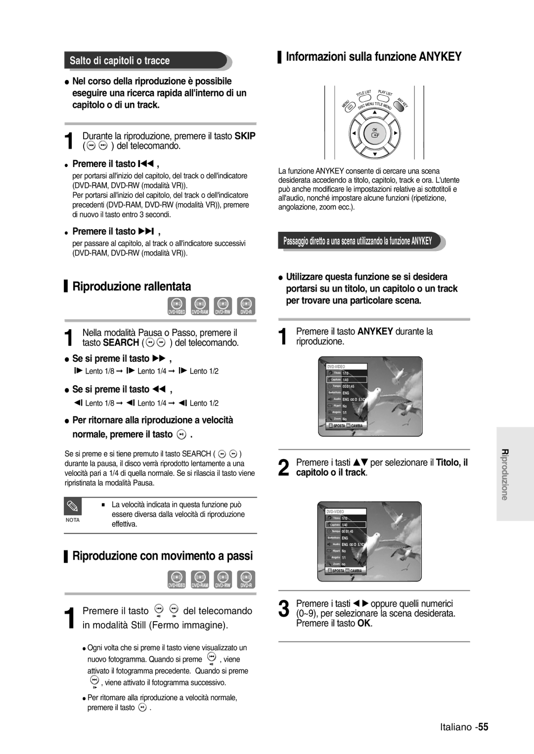 Samsung DVD-R120/XET, DVD-R120/AFS manual Riproduzione rallentata, Salto di capitoli o tracce 