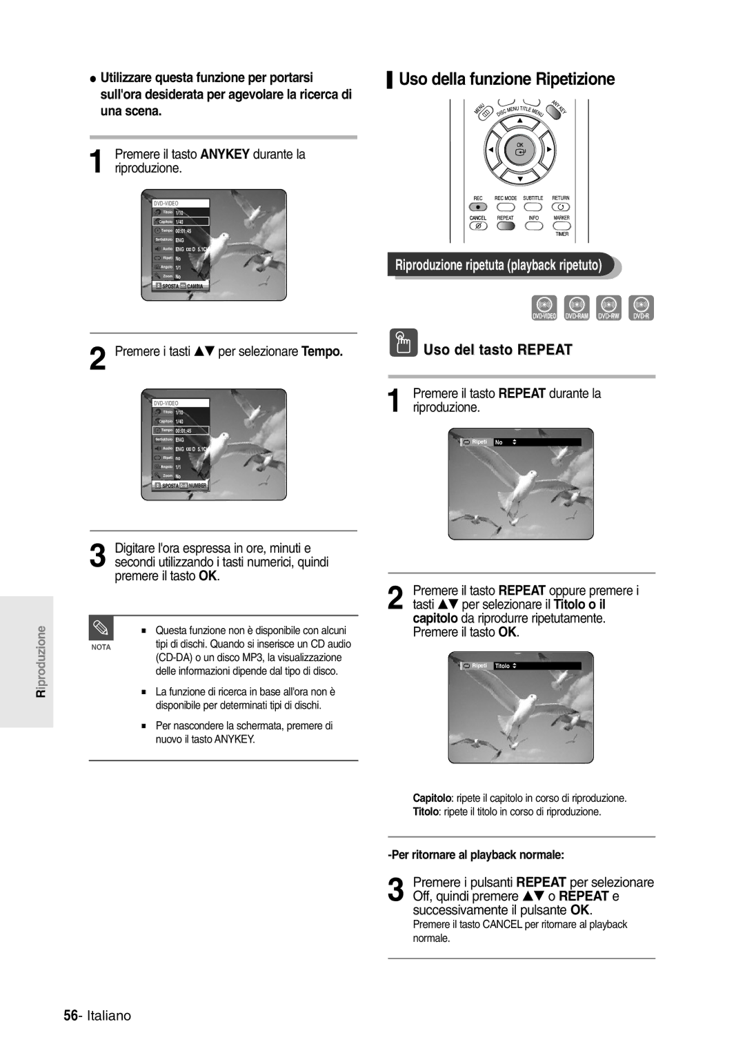 Samsung DVD-R120/AFS manual Uso della funzione Ripetizione, Riproduzione ripetuta playback ripetuto, Uso del tasto Repeat 